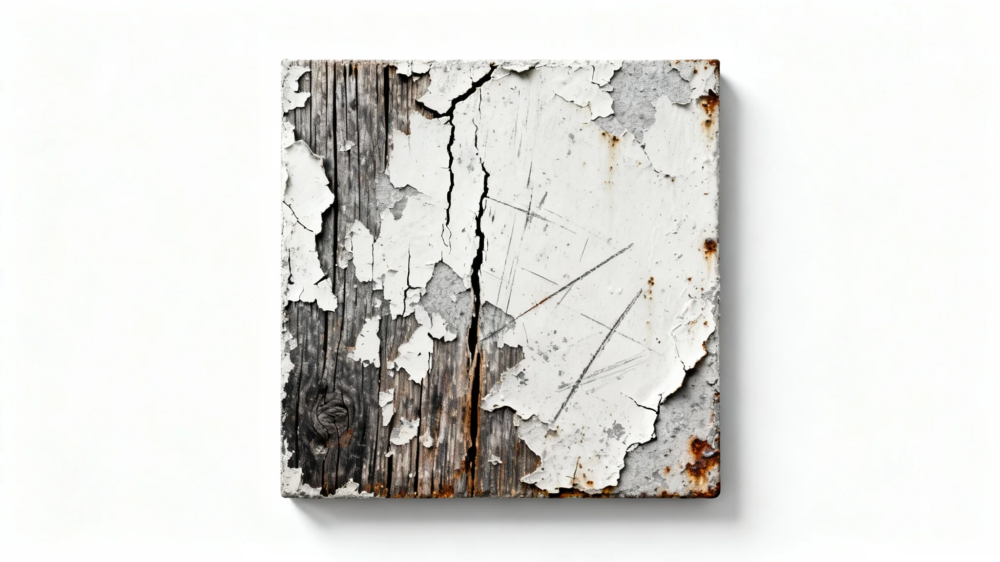 A photorealistic close-up of a square material sample showcasing a distressed texture with cracked, peeling paint over a dark wood grain, set against a plain white background.