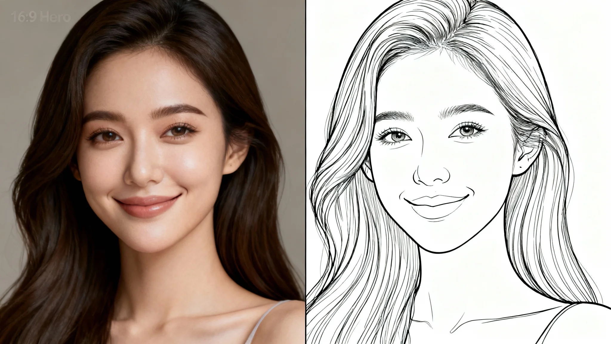 A split-screen hero image demonstrating a photo-to-line-drawing effect. On the left is a realistic color photo of a woman; on the right is a clean black line drawing of the same woman, perfectly aligned.