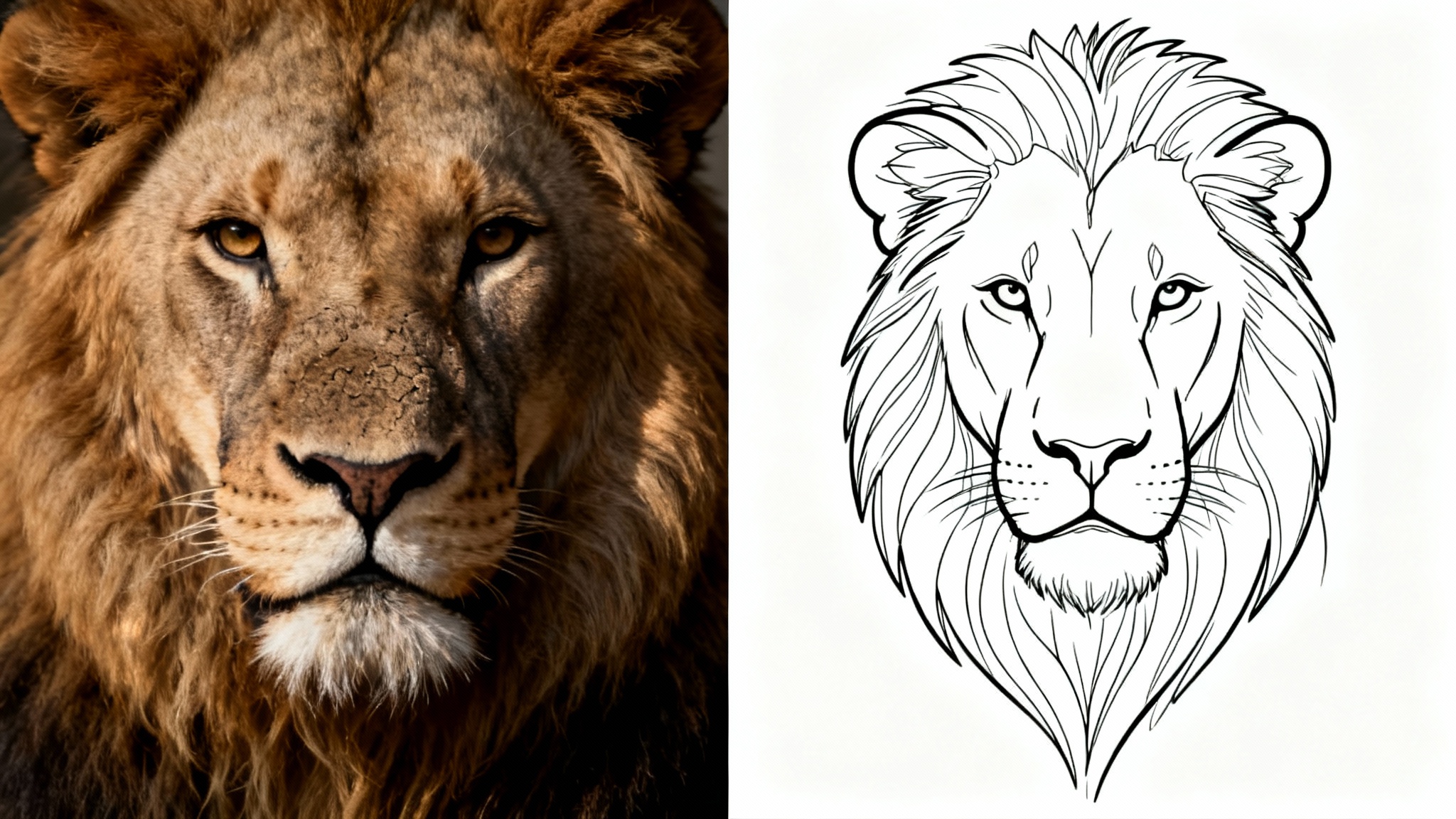 A split image showing a photo of a lion's head on the left transforming into a minimalist line drawing of the same lion on the right, against a clean white background.