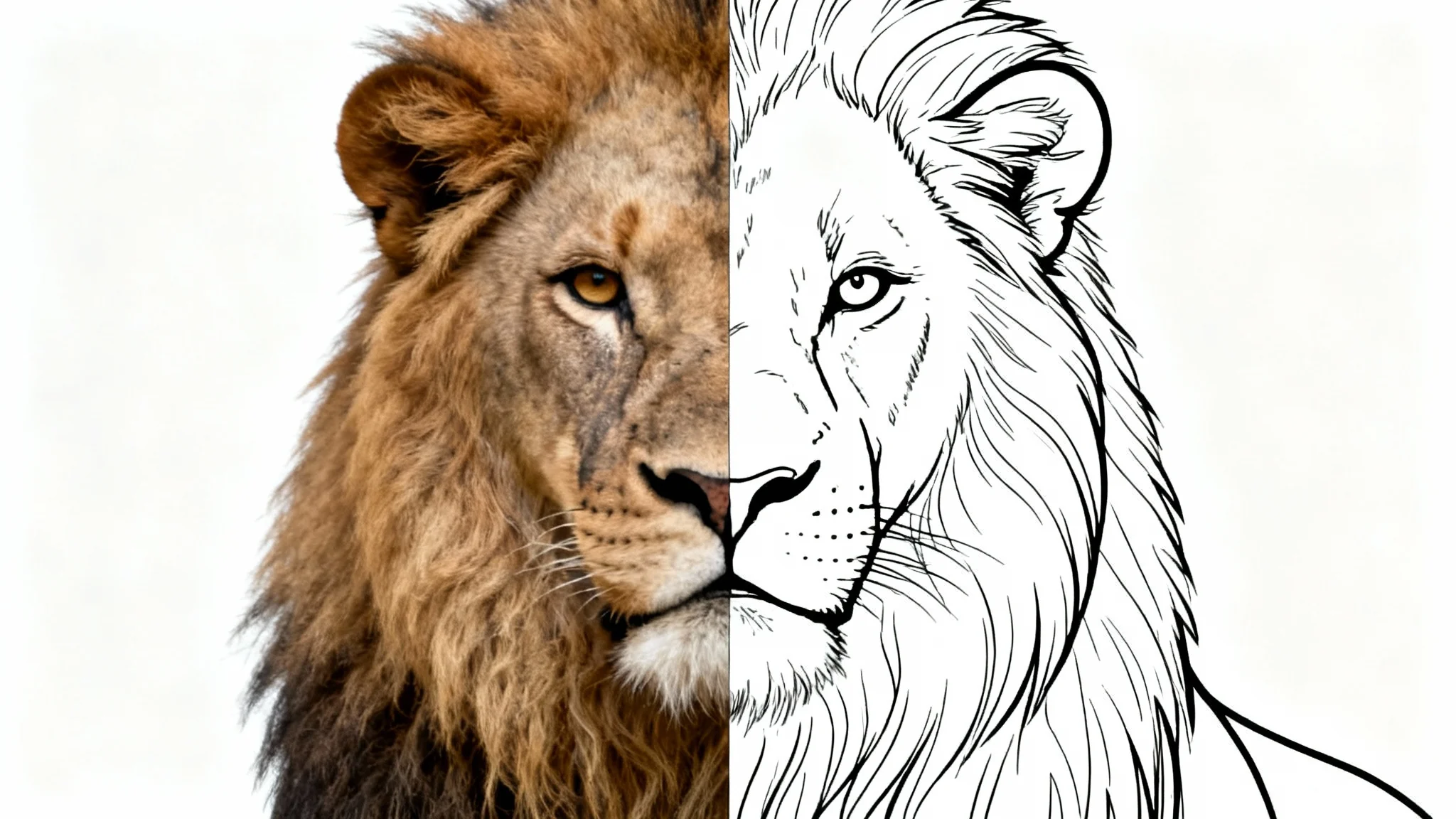 A split-image showing a photo to line drawing conversion. The left side is a realistic color photo of a lion's head, and the right side is a minimalist black line drawing of the same lion, against a plain white background.