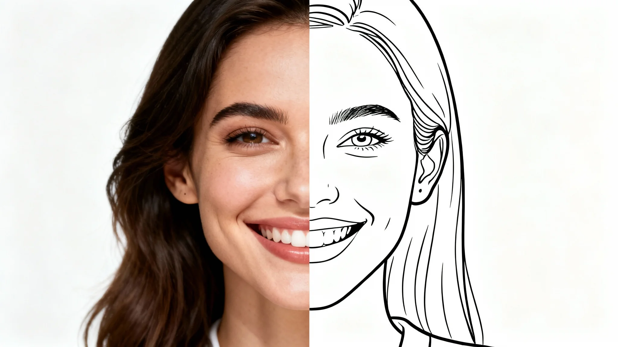 A split-screen image showcasing a photo being converted into a line drawing. On the left is a realistic color photograph of a smiling woman, and on the right is a minimalist black and white line drawing of the same woman.