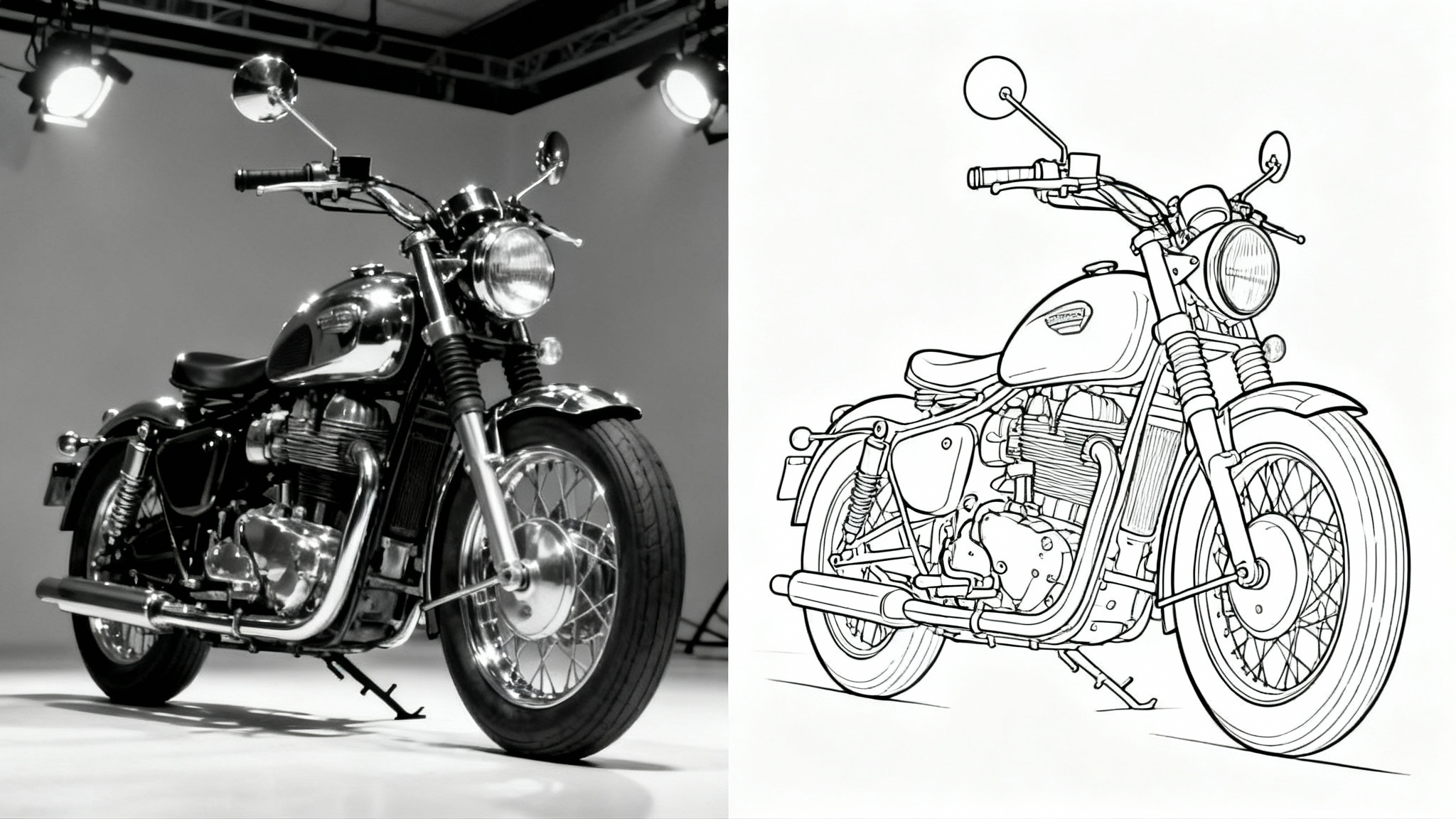 A split-view image showing the conversion of a realistic photo of a motorcycle on the left into a minimalist black line drawing on the right, against a white background.