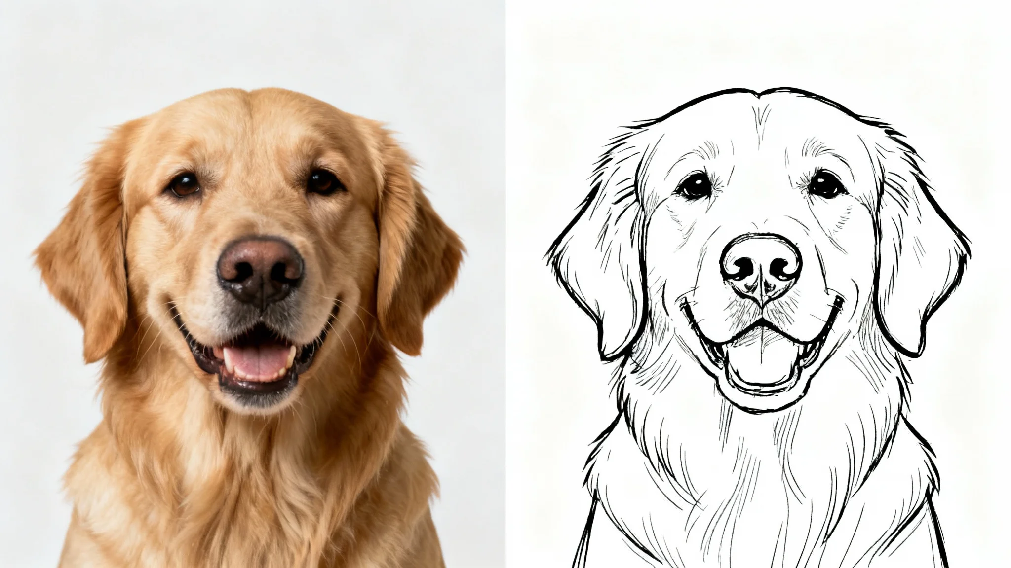 A split image showing a photo of a golden retriever on the left and a minimalist line drawing of the same dog on the right, demonstrating a photo to line drawing effect.