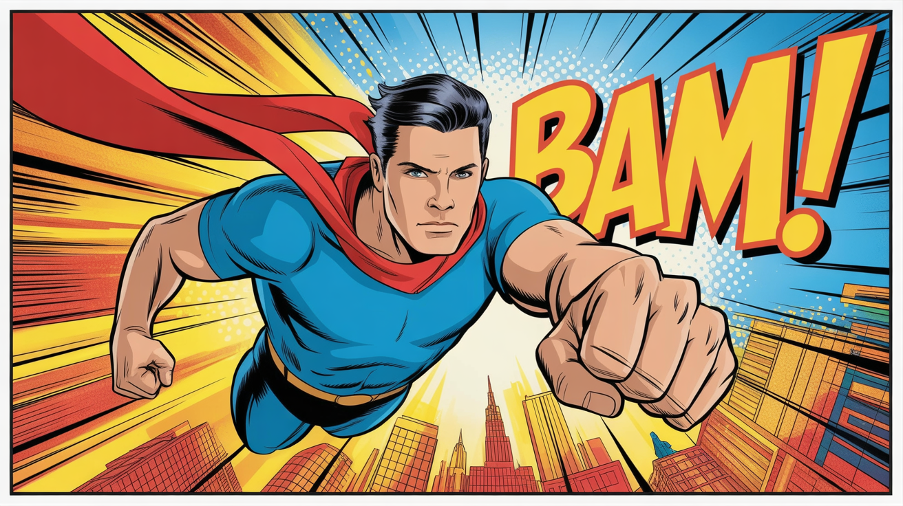 A person posing like a superhero, transformed into a comic book illustration with bold lines, bright colors, and the sound effect 'BAM!'.