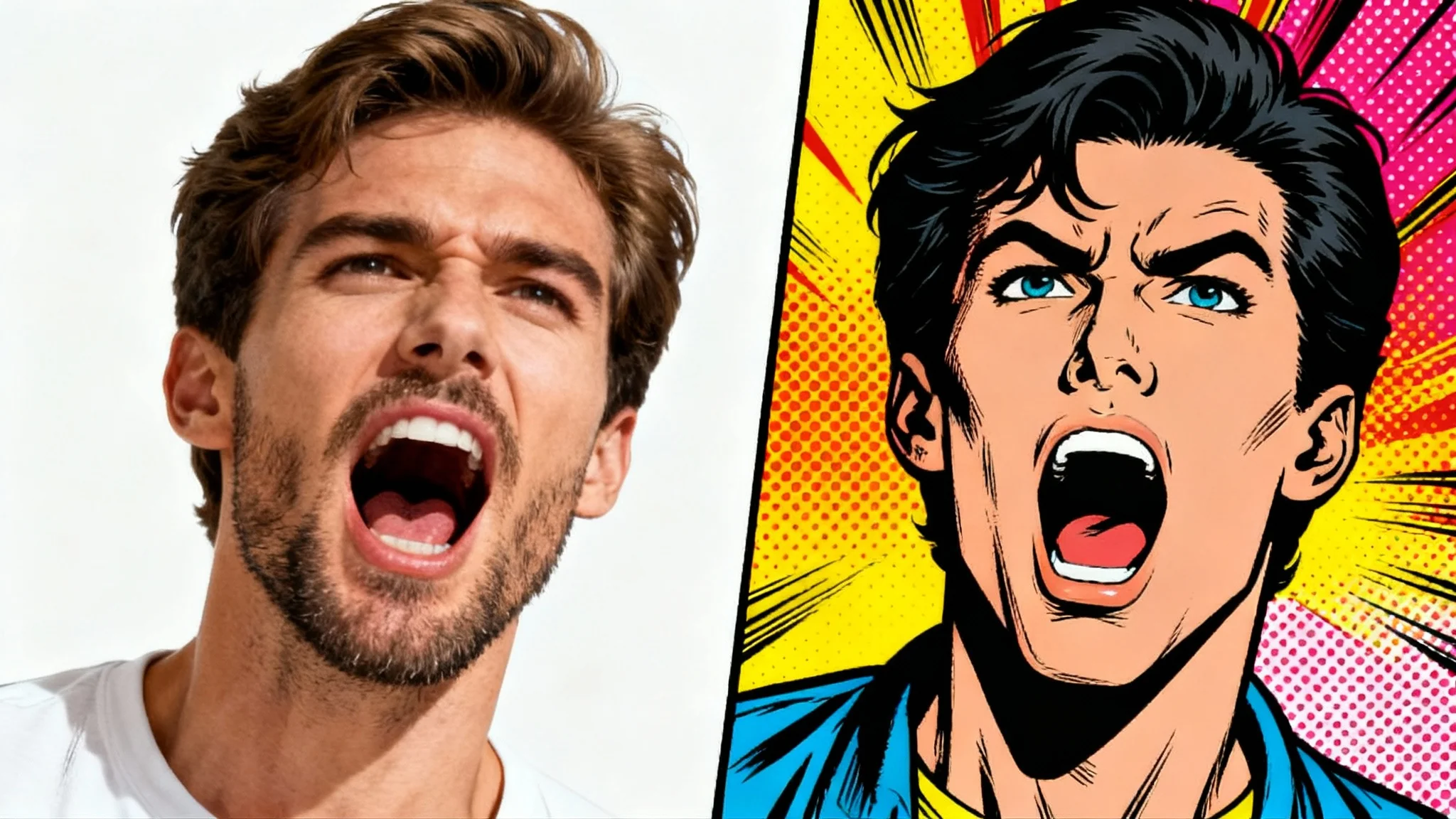 A split-image demonstrating a comic book effect. The left half is a realistic photo of a man shouting, while the right half is the same image rendered in a vibrant comic book style with bold lines and halftone dots.