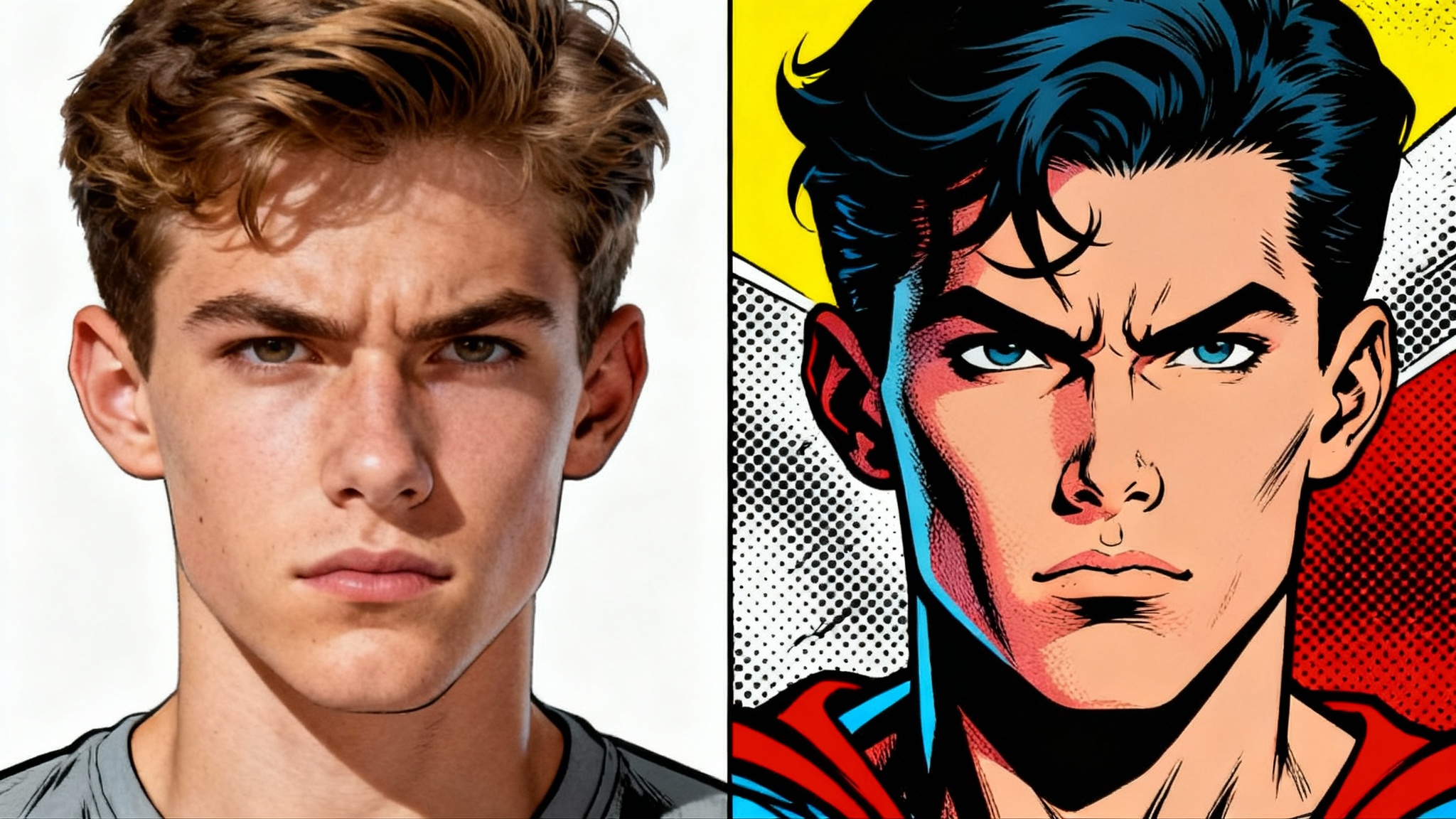 A split-screen image demonstrating a comic book effect. The left side is a realistic photo of a man's face, and the right side is the same photo transformed into a pop art comic book style with bold lines and halftone dots.