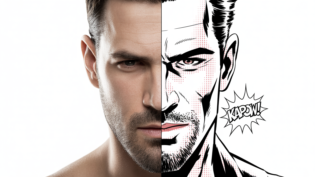 A split-portrait of a man's face demonstrating a comic book filter. The left side is a realistic photo, while the right side is rendered in a pop-art comic style with bold lines and a 'KAPOW!' text bubble.