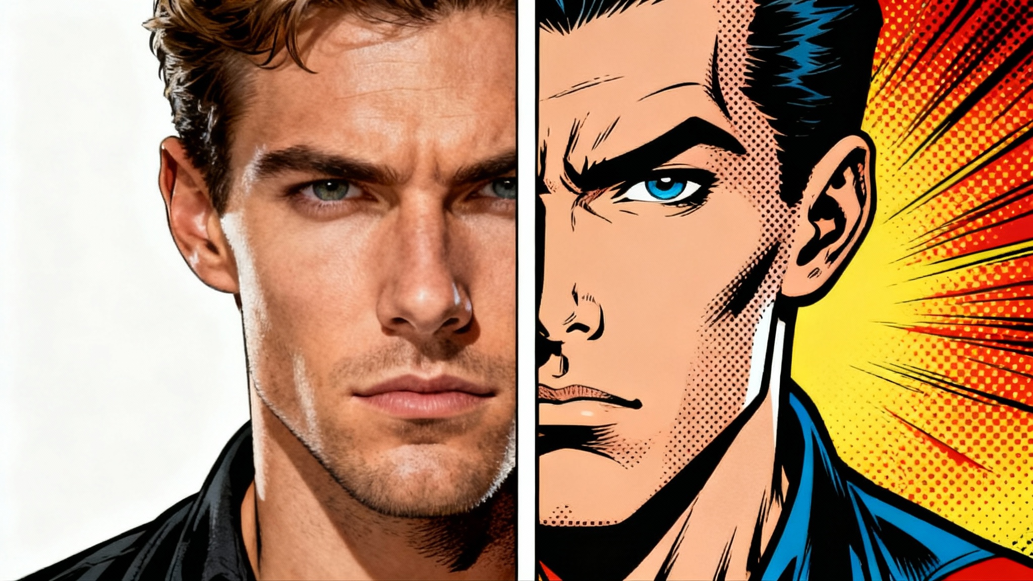 A split-screen image demonstrating a comic book effect. The left side shows a realistic photo of a man's face, and the right side shows the same image transformed into a vibrant, dot-shaded comic book style.