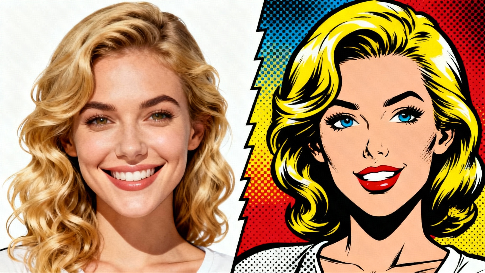 A split image showing a 'before and after' of a comic book effect. The left side is a realistic photo of a woman, and the right side is the same woman in a vibrant comic book art style, isolated on a white background.