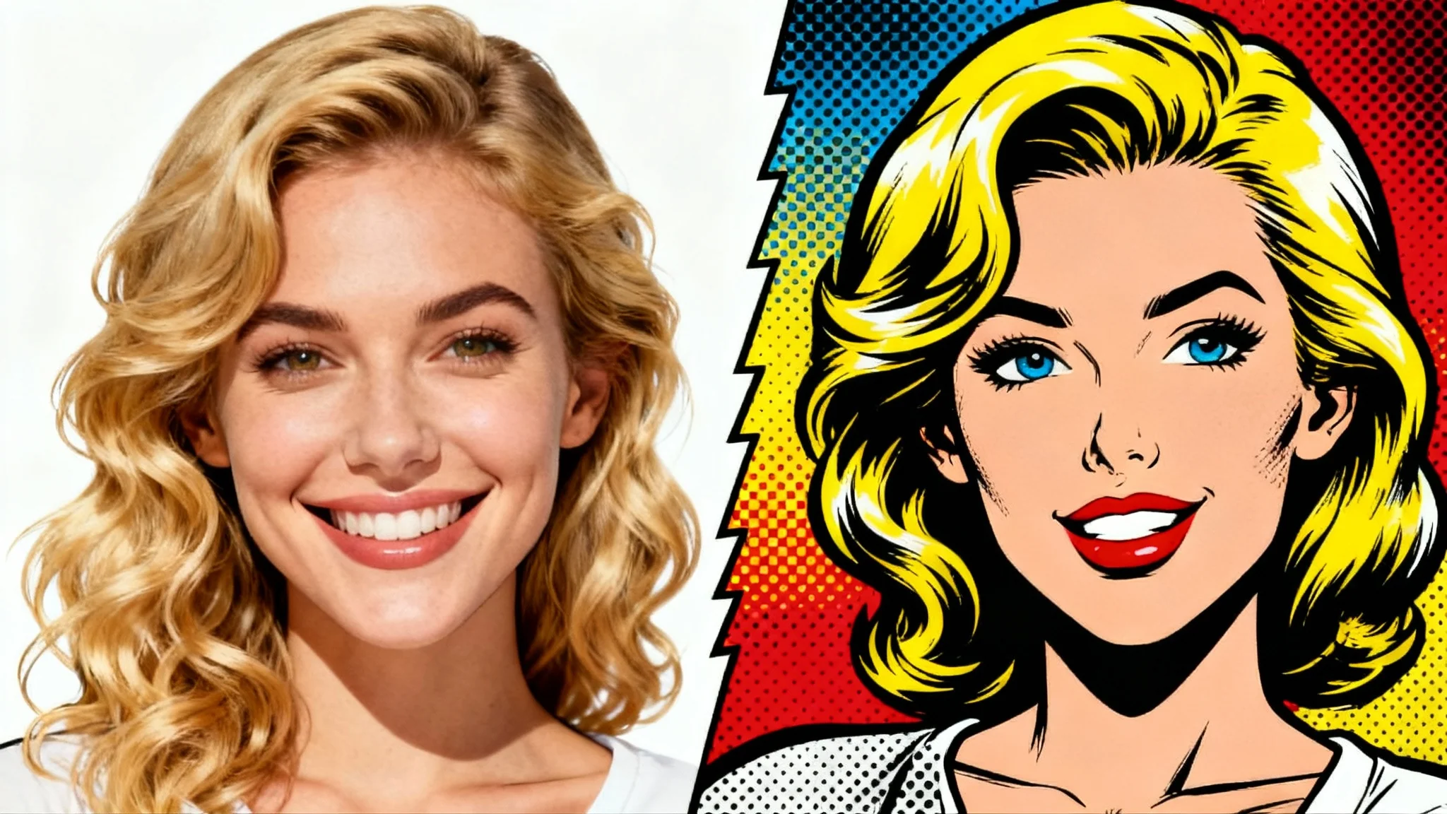 A split image showing a 'before and after' of a comic book effect. The left side is a realistic photo of a woman, and the right side is the same woman in a vibrant comic book art style, isolated on a white background.