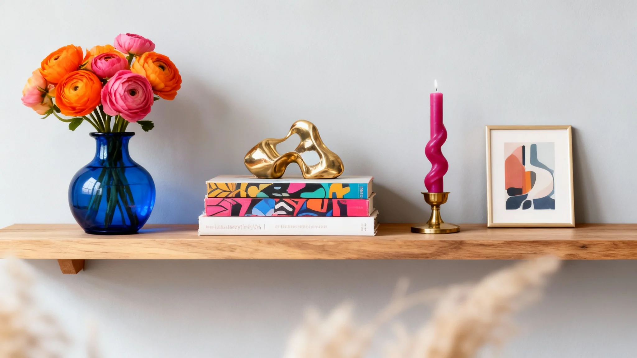 A wooden shelf on a gray wall, styled with vibrant and colorful decor including a blue vase with bright flowers, a gold sculpture, and a magenta candle, showing the final result from a shelf decor visualizer tool.