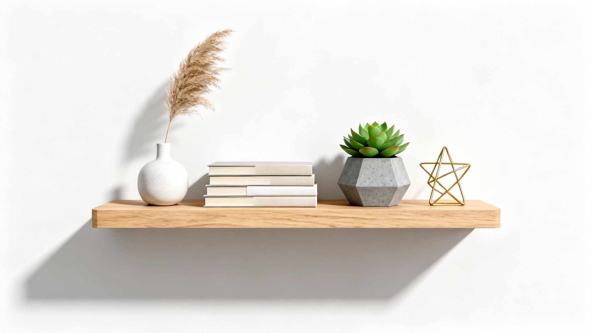 A modern light wood floating shelf against a white background, artfully decorated with a minimalist vase, books, a small succulent, and a gold sculpture, showcasing a home decor visualizer concept.