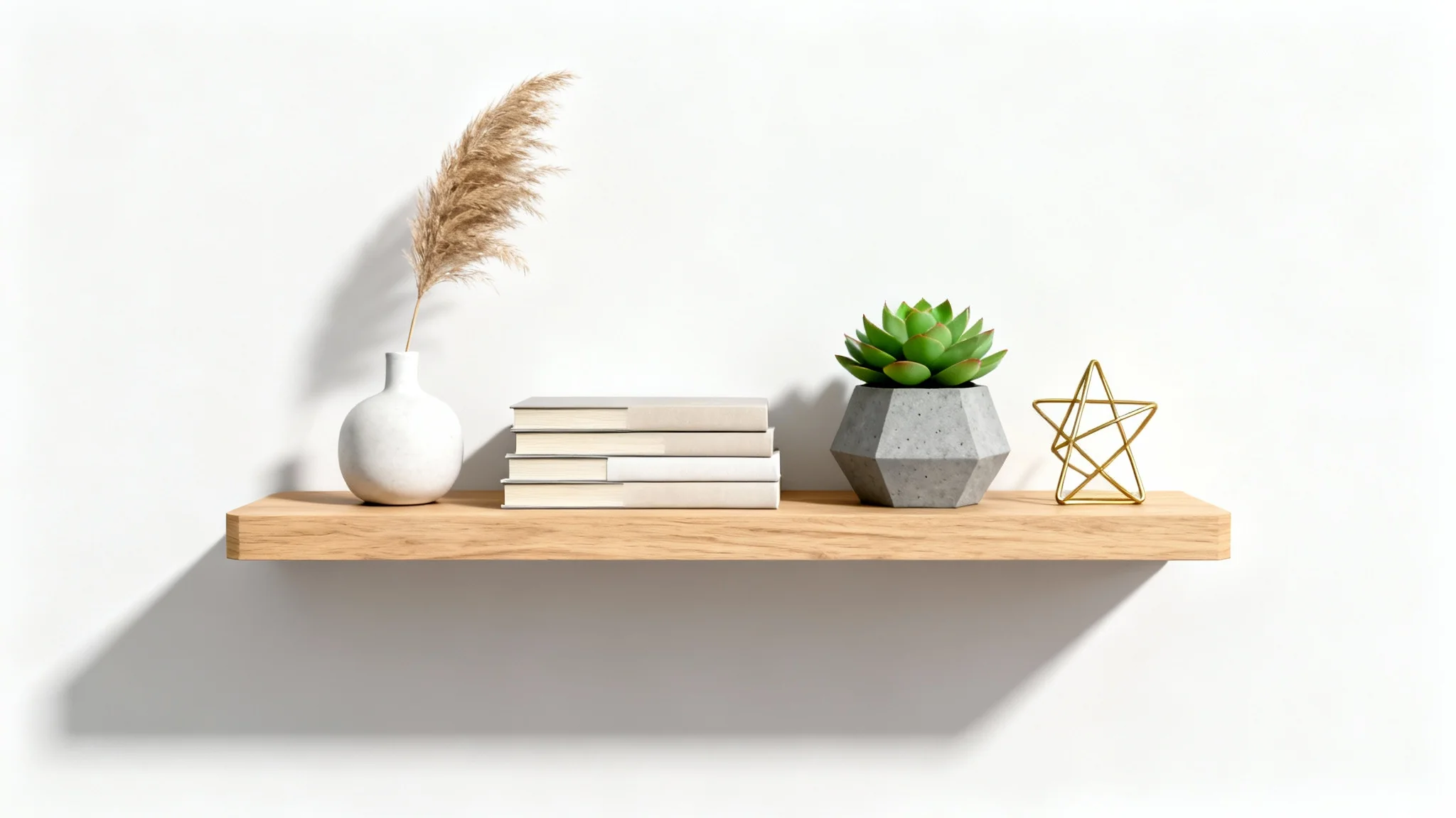 A modern light wood floating shelf against a white background, artfully decorated with a minimalist vase, books, a small succulent, and a gold sculpture, showcasing a home decor visualizer concept.