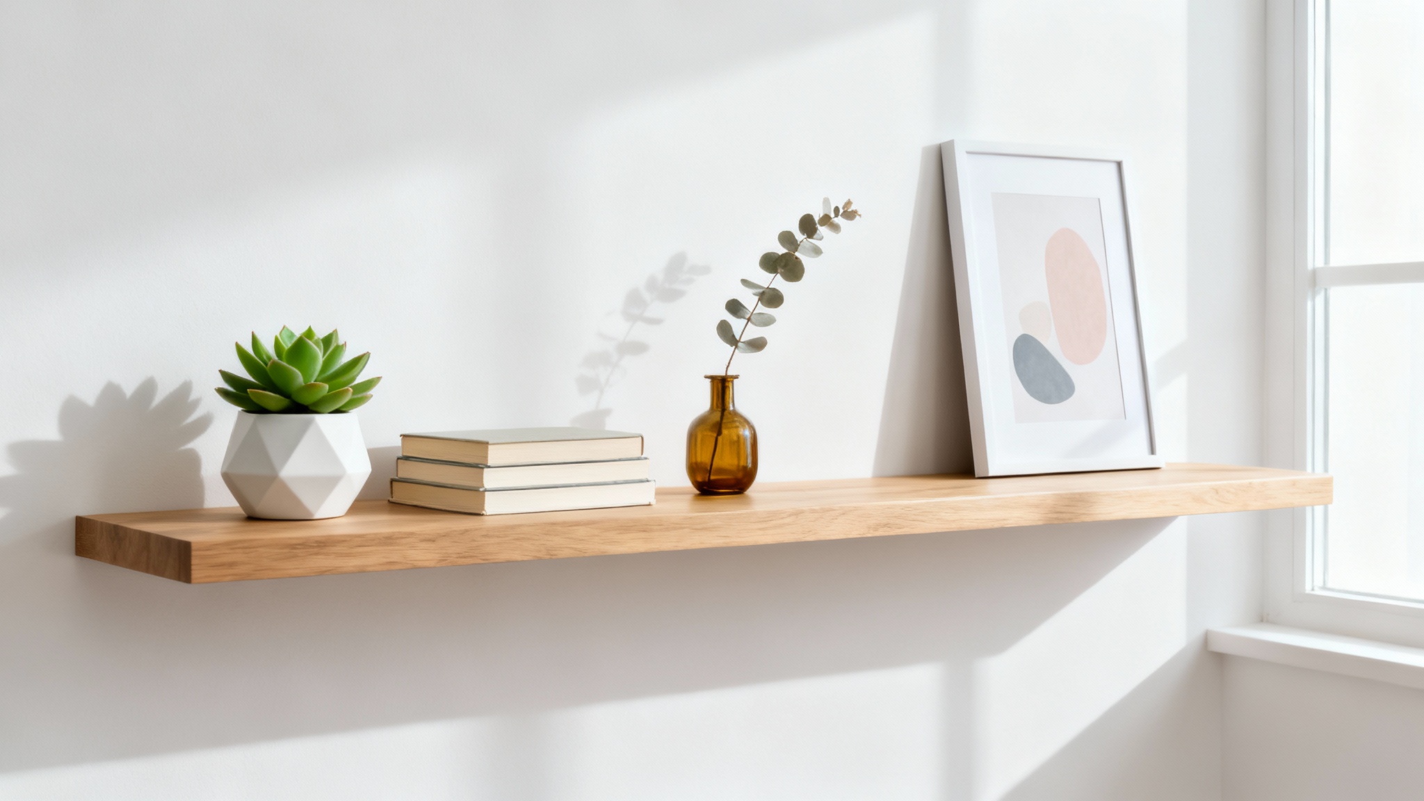A modern, light-oak floating shelf against a white background, styled with a succulent, books, an amber vase, and a framed art print, demonstrating a shelf decor visualizer.
