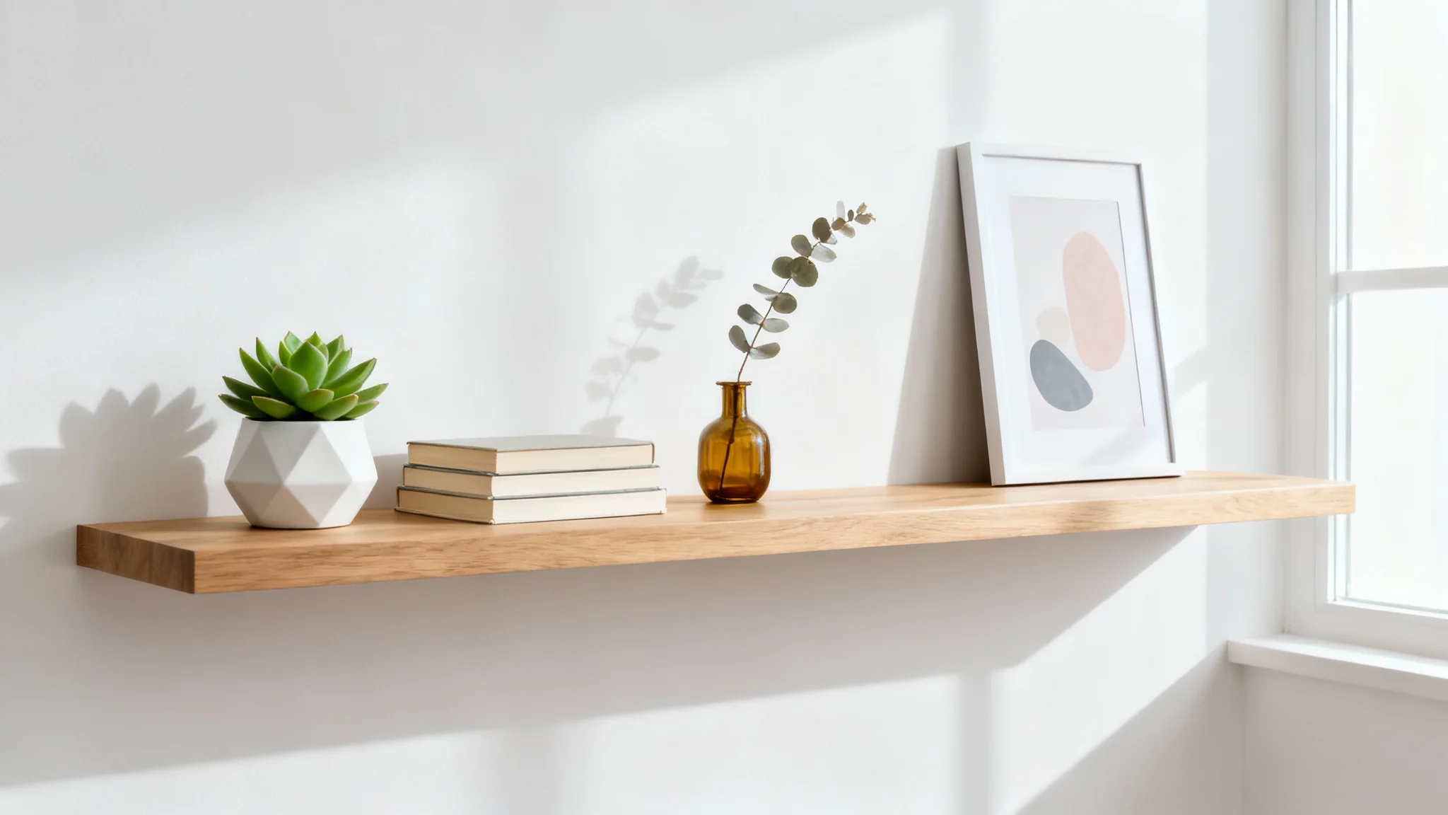 A modern, light-oak floating shelf against a white background, styled with a succulent, books, an amber vase, and a framed art print, demonstrating a shelf decor visualizer.