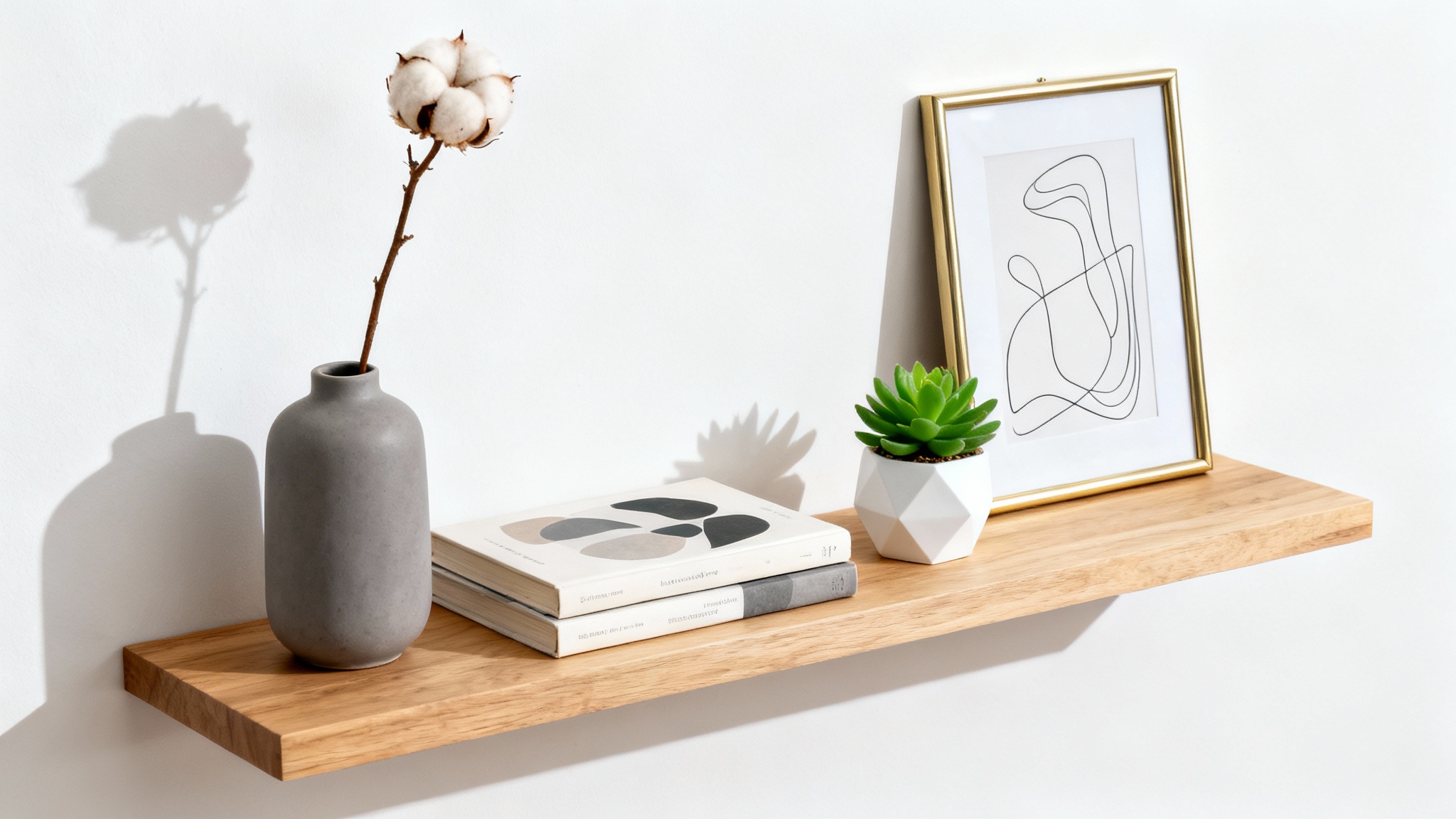 A minimalist wooden floating shelf against a white background, decorated with a small vase, a stack of books, a succulent, and a small framed art print.