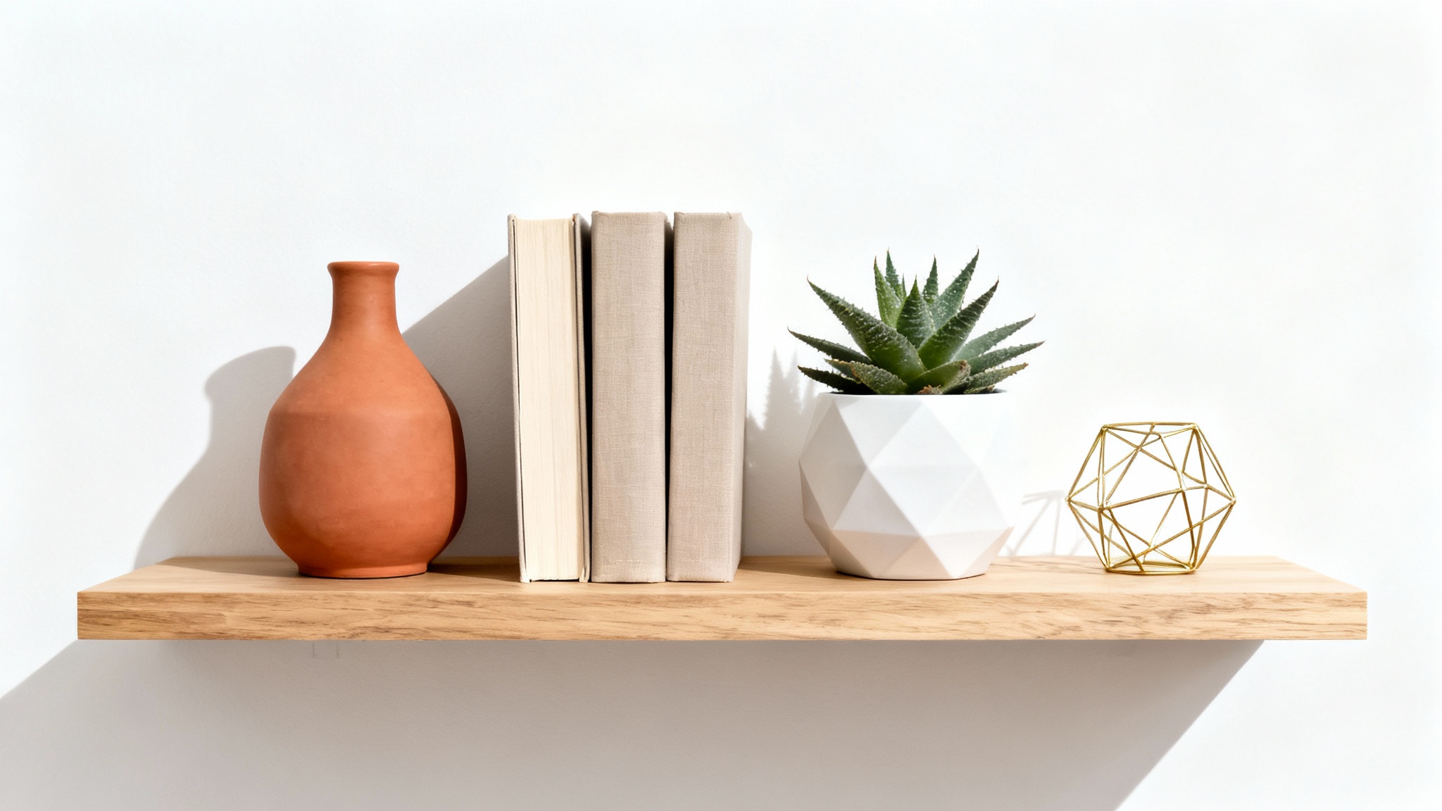 A modern wooden floating shelf against a white background, stylishly decorated with a terracotta vase, a stack of books, a small succulent, and a brass sculpture.