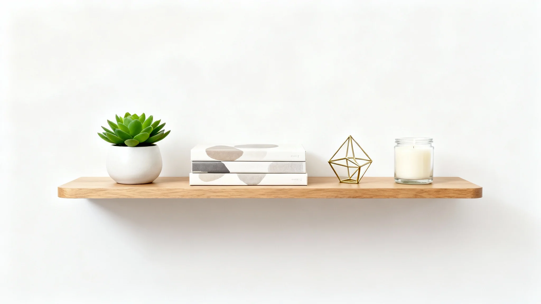 A modern wooden floating shelf against a white background, stylishly decorated with a small plant, a stack of books, and a brass sculpture.
