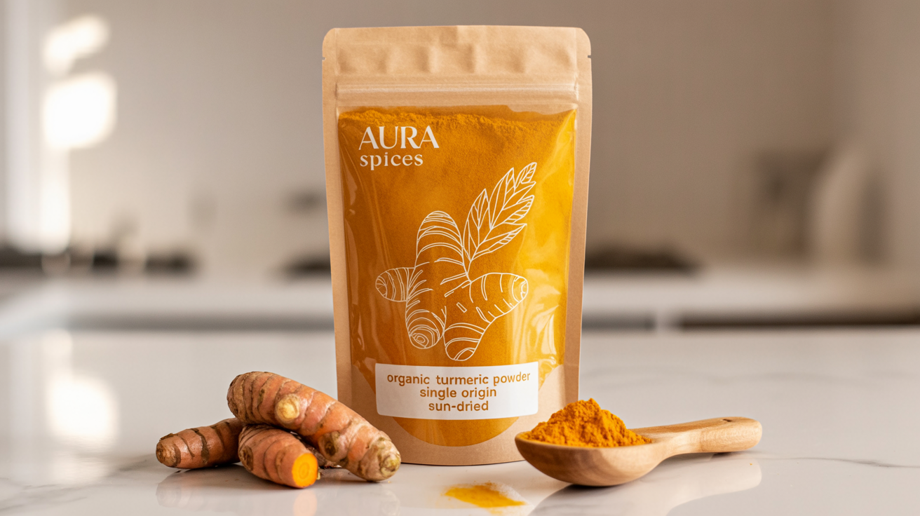 A professionally designed transparent pouch of organic turmeric powder with a modern, elegant label featuring gold foil details, set against a clean white marble background with fresh turmeric root.