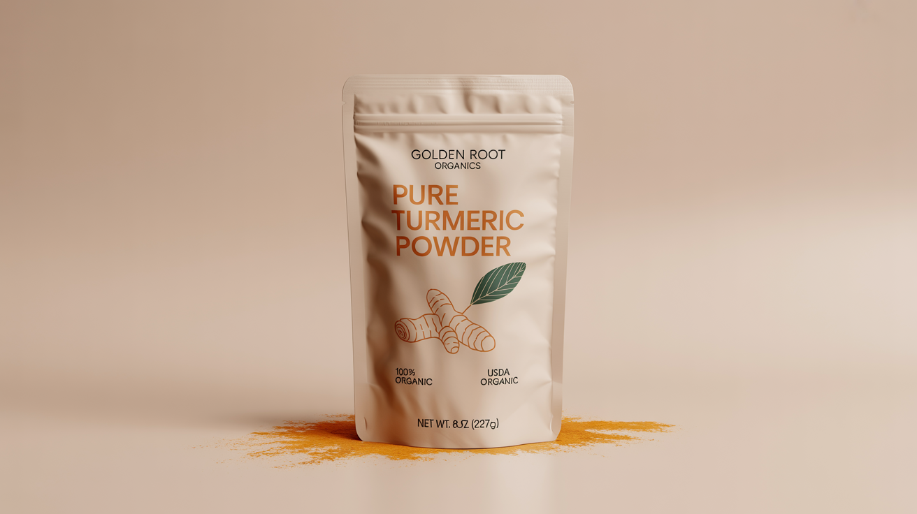 A product mockup of a modern, beige stand-up pouch for 'Golden Root Organics' brand turmeric powder, featuring elegant typography and an illustration of a turmeric root, set against a white background.