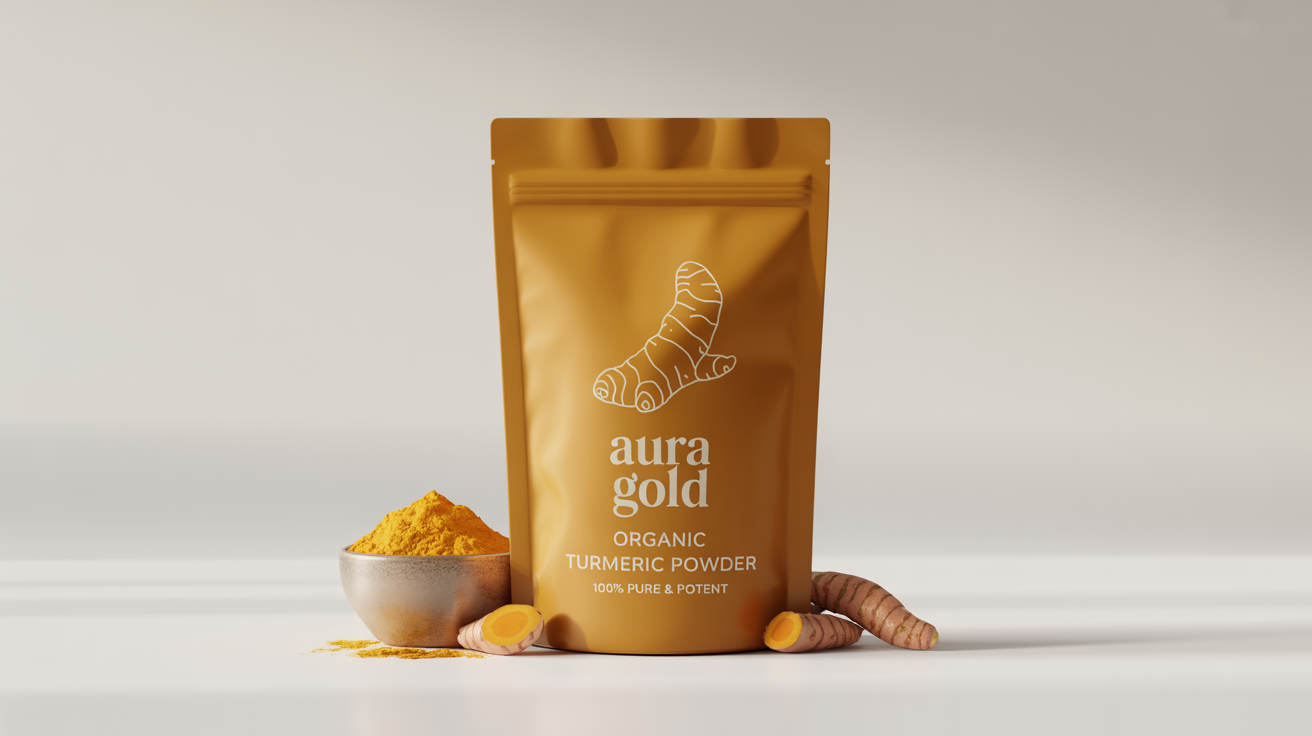 A modern, saffron-colored pouch of 'AURA GOLD' organic turmeric powder is displayed on a white background, next to fresh turmeric roots and a bowl of the powder.
