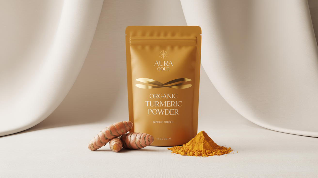A professional product mockup of an earthy ochre pouch for 'Aura Gold' organic turmeric powder, elegantly displayed with raw turmeric roots and vibrant powder on a clean white surface.