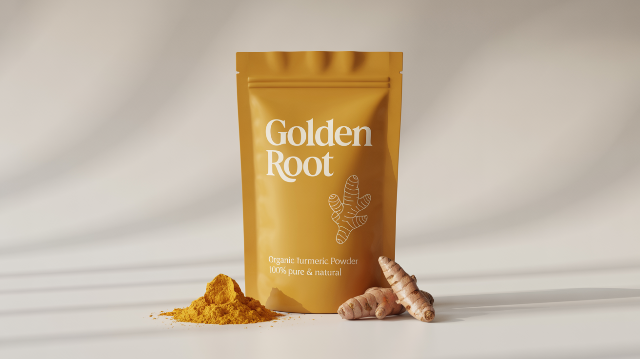 A professional product mockup of a modern, saffron-yellow pouch for 'Golden Root' brand 'Organic Turmeric Powder', placed next to loose powder and whole roots against a clean white background.