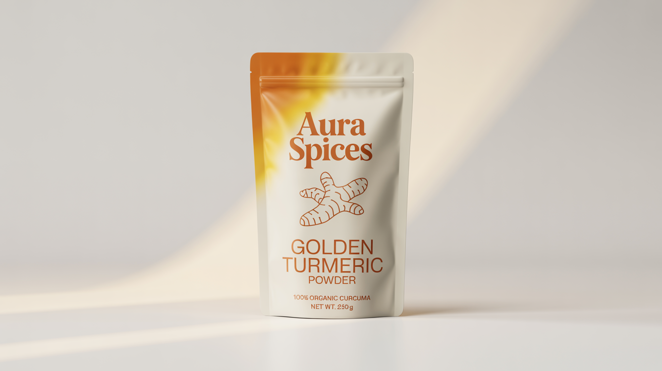 A photorealistic mockup of a premium turmeric powder package from 'Aura Spices', featuring a clean white pouch with orange text and a minimalist turmeric root illustration, on a white background.