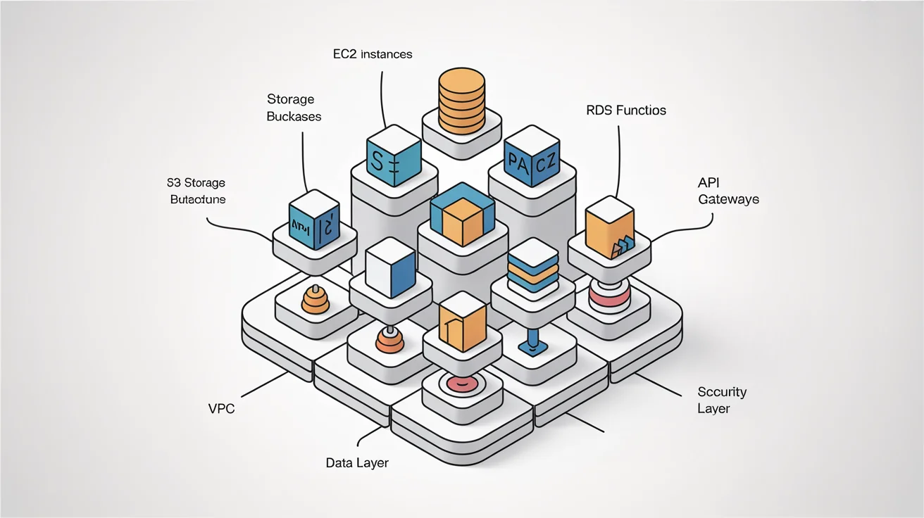 An example of a professionally designed AWS architecture diagram for a web application, showing interconnected services like EC2, S3, and RDS in a clean, modern layout.