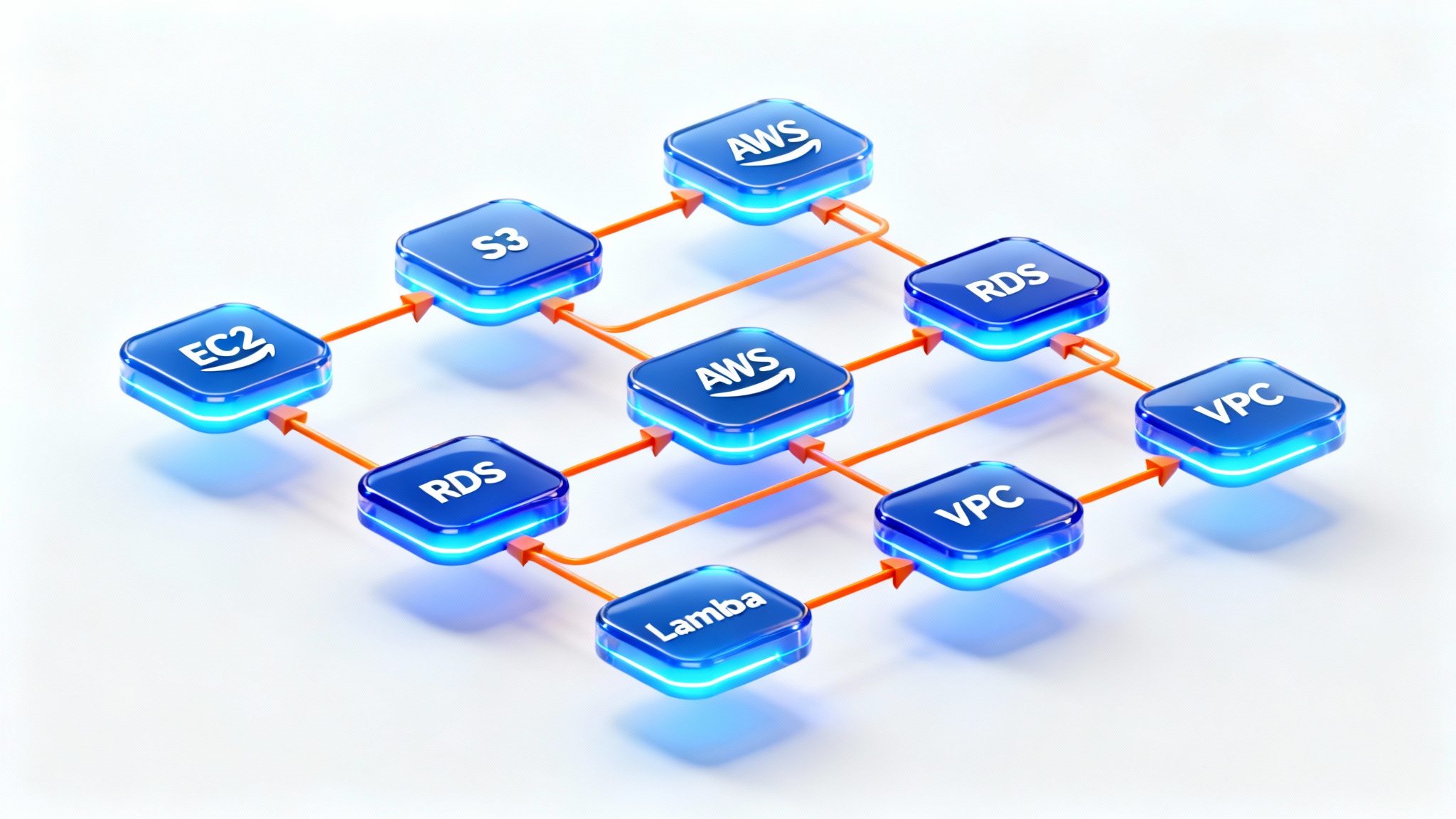 A sleek 3D rendering of an AWS architecture diagram showing various service icons connected by data flow lines on a clean white background, representing cloud infrastructure.