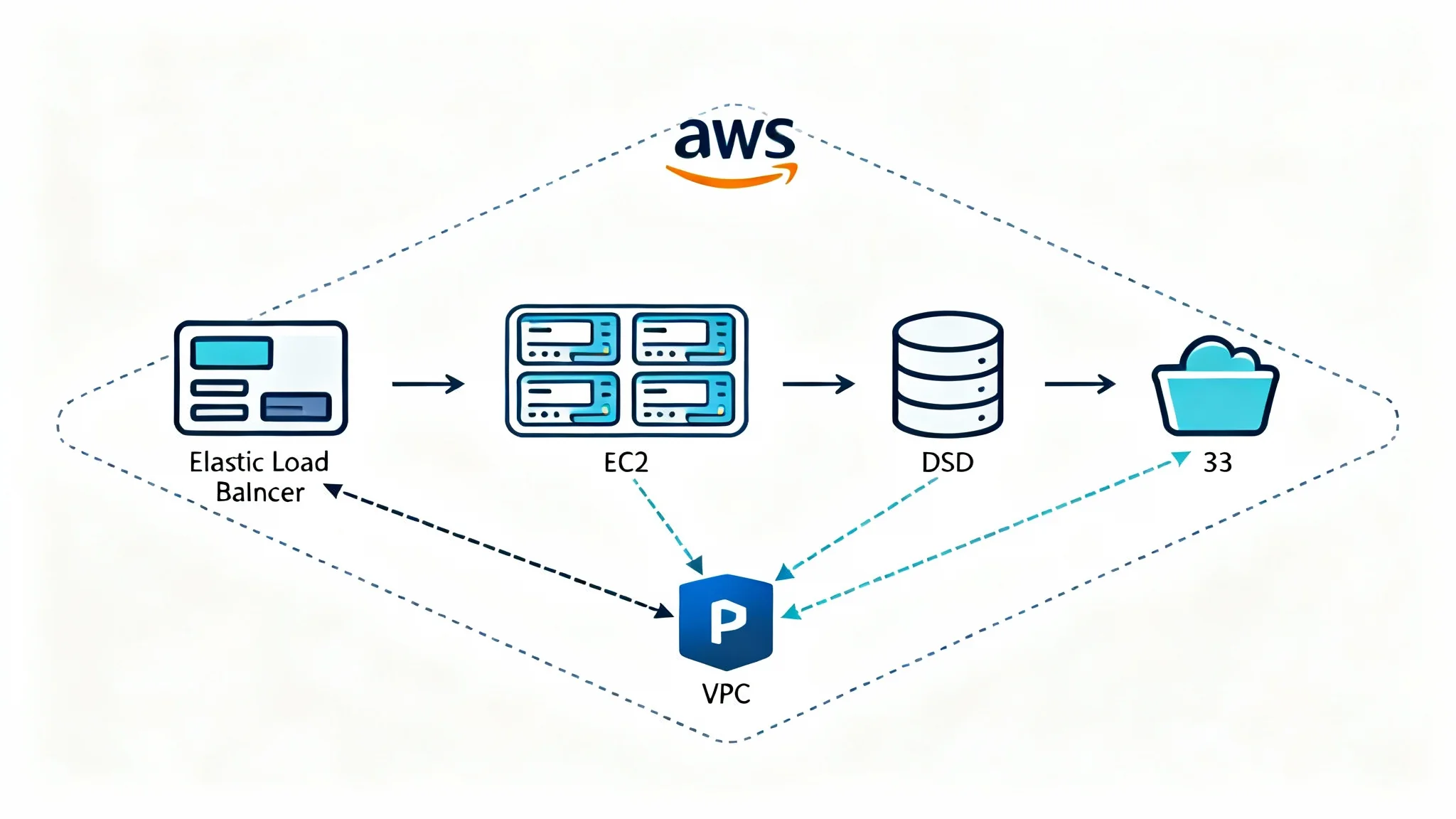 A clear and professional AWS architecture diagram showing the relationship between various cloud services like EC2, S3, and RDS in a web application setup.