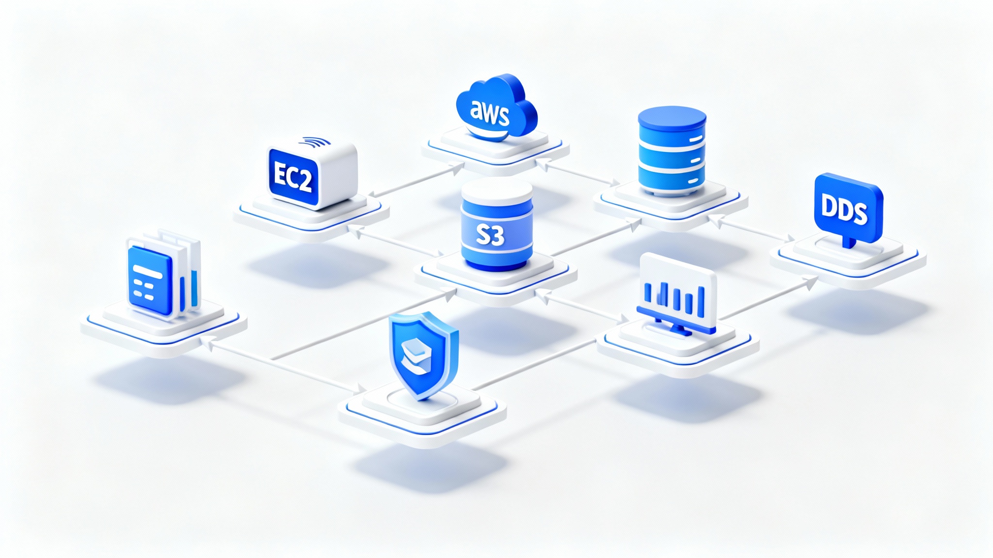 A 3D isometric diagram illustrating an AWS cloud architecture, showing various service icons connected by data flow lines on a white background.