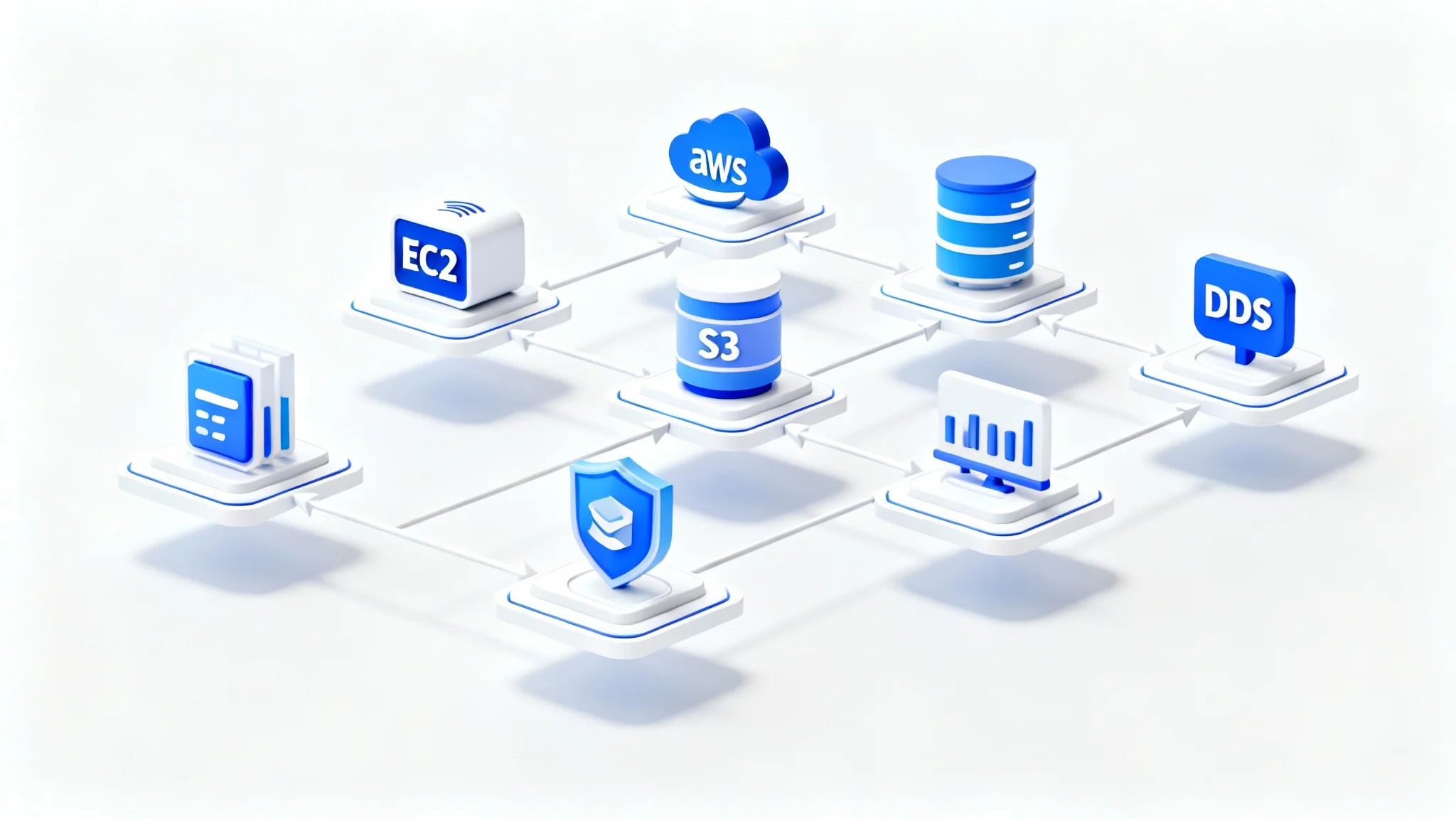 A 3D isometric diagram illustrating an AWS cloud architecture, showing various service icons connected by data flow lines on a white background.