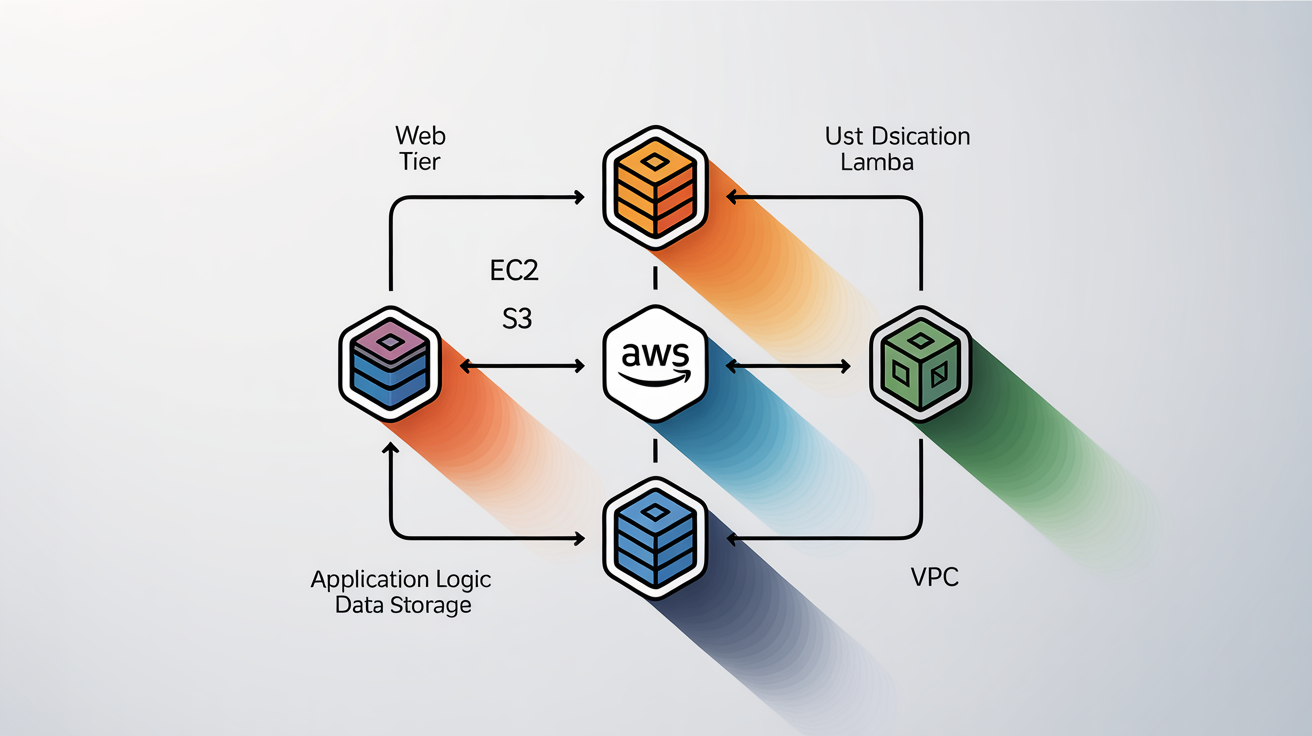 A professional mockup of an AWS cloud architecture diagram, featuring interconnected icons for various services like compute and storage, all set against a clean white background.