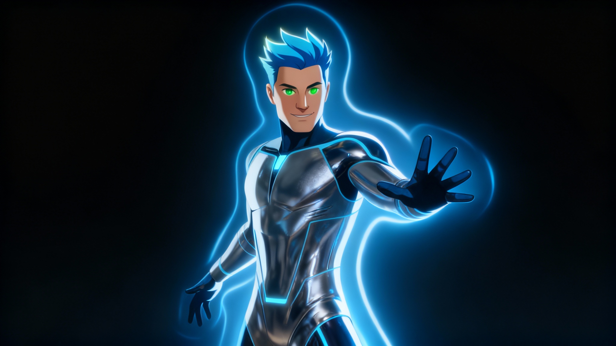 A full-body cartoon character in a futuristic silver suit, posed heroically and outlined with brilliant blue and white rim lighting that makes him glow against a dark background.