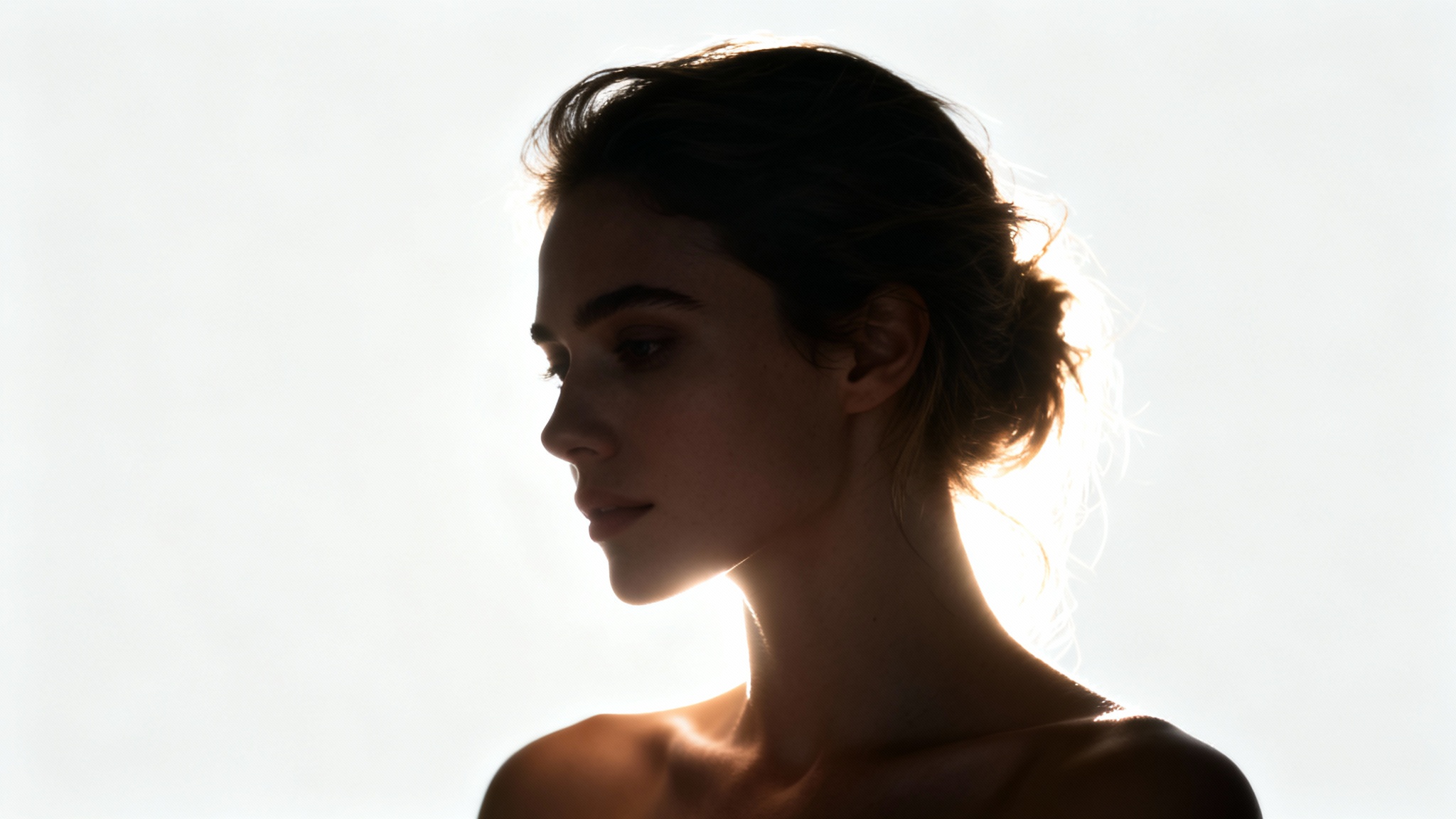 A close-up studio portrait of a woman with curly hair, showcasing a dramatic rim lighting effect that creates a bright outline around her head and shoulders against a white background.
