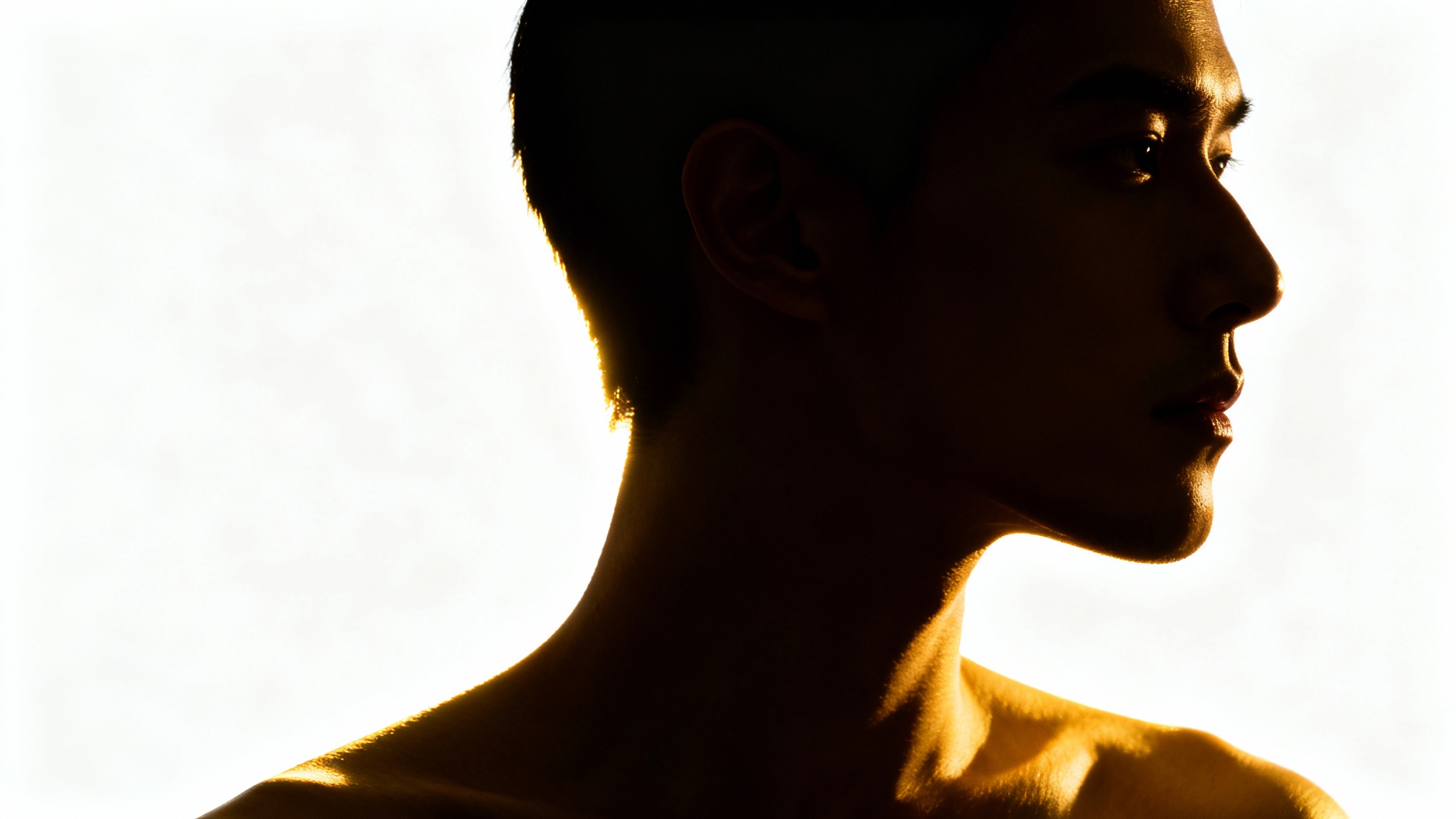 A photorealistic close-up portrait demonstrating rim lighting, where a person's head and shoulders are outlined with a bright golden halo of light against a pure white background.