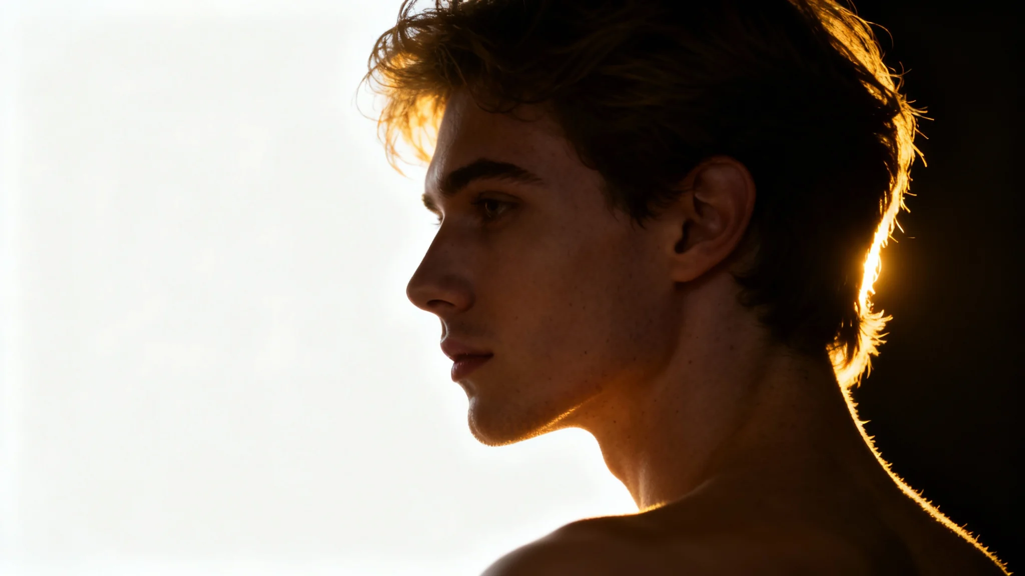 A dramatic portrait showcasing the rim lighting technique. A person's profile is brilliantly outlined by a golden light from behind, creating a halo effect, with the entire image set against a clean white background.