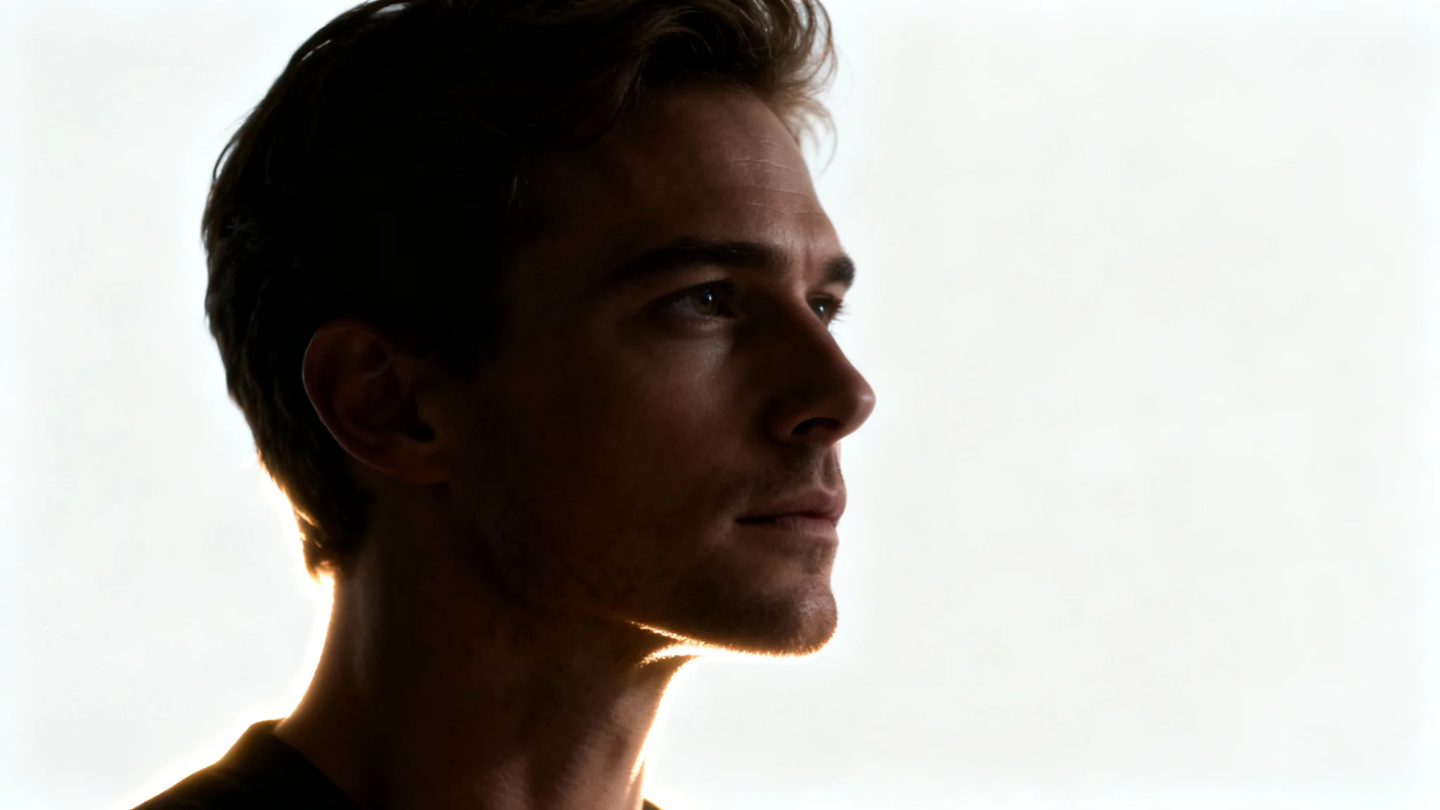 A close-up studio portrait demonstrating rim lighting, where a bright light from behind creates a glowing halo around the subject's silhouette against a plain white background.