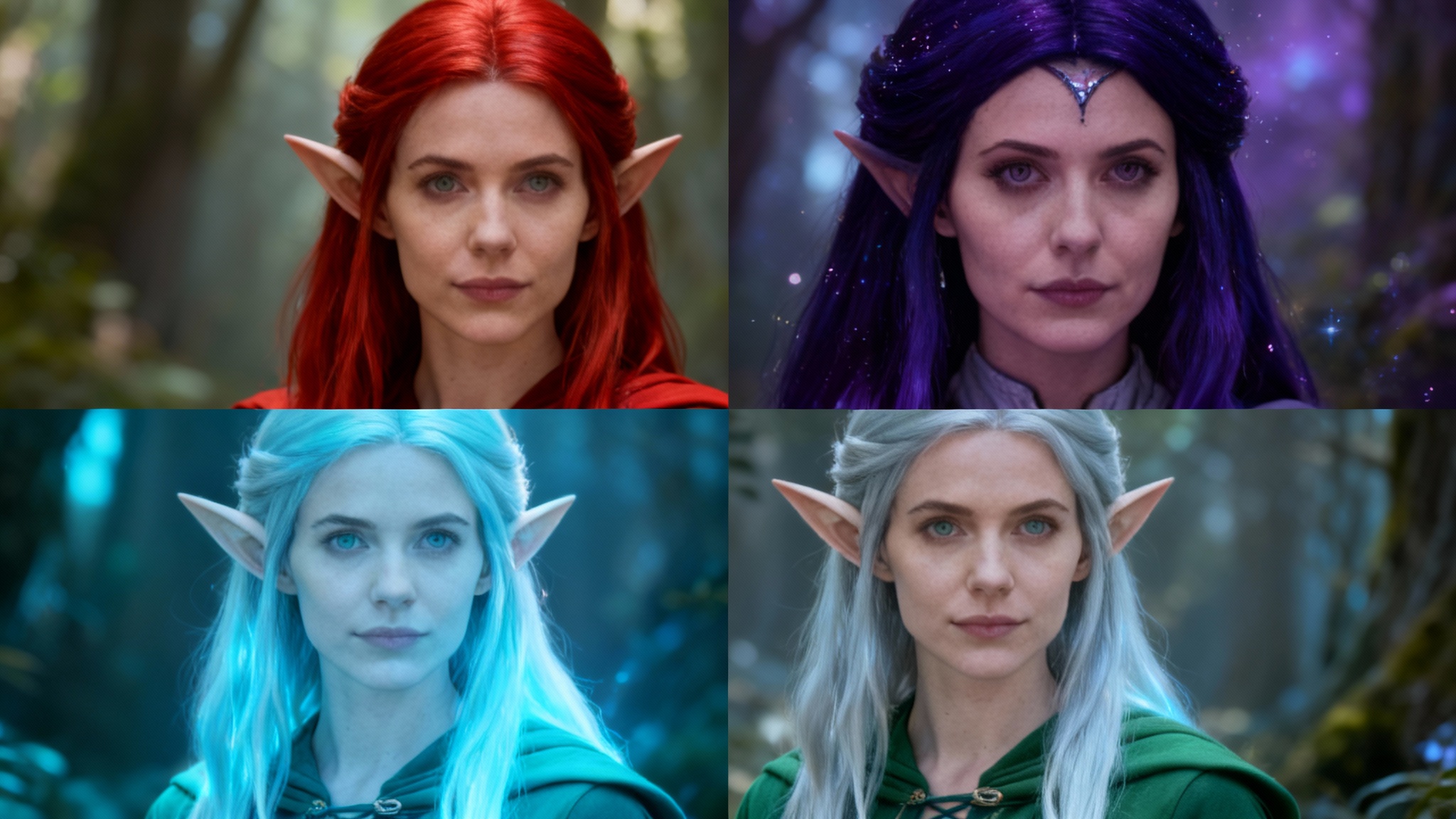 A four-panel grid showing the result of a character hair color tool, featuring a fantasy elf woman with four different hair colors: fiery red, cosmic purple, glowing blue, and silver.