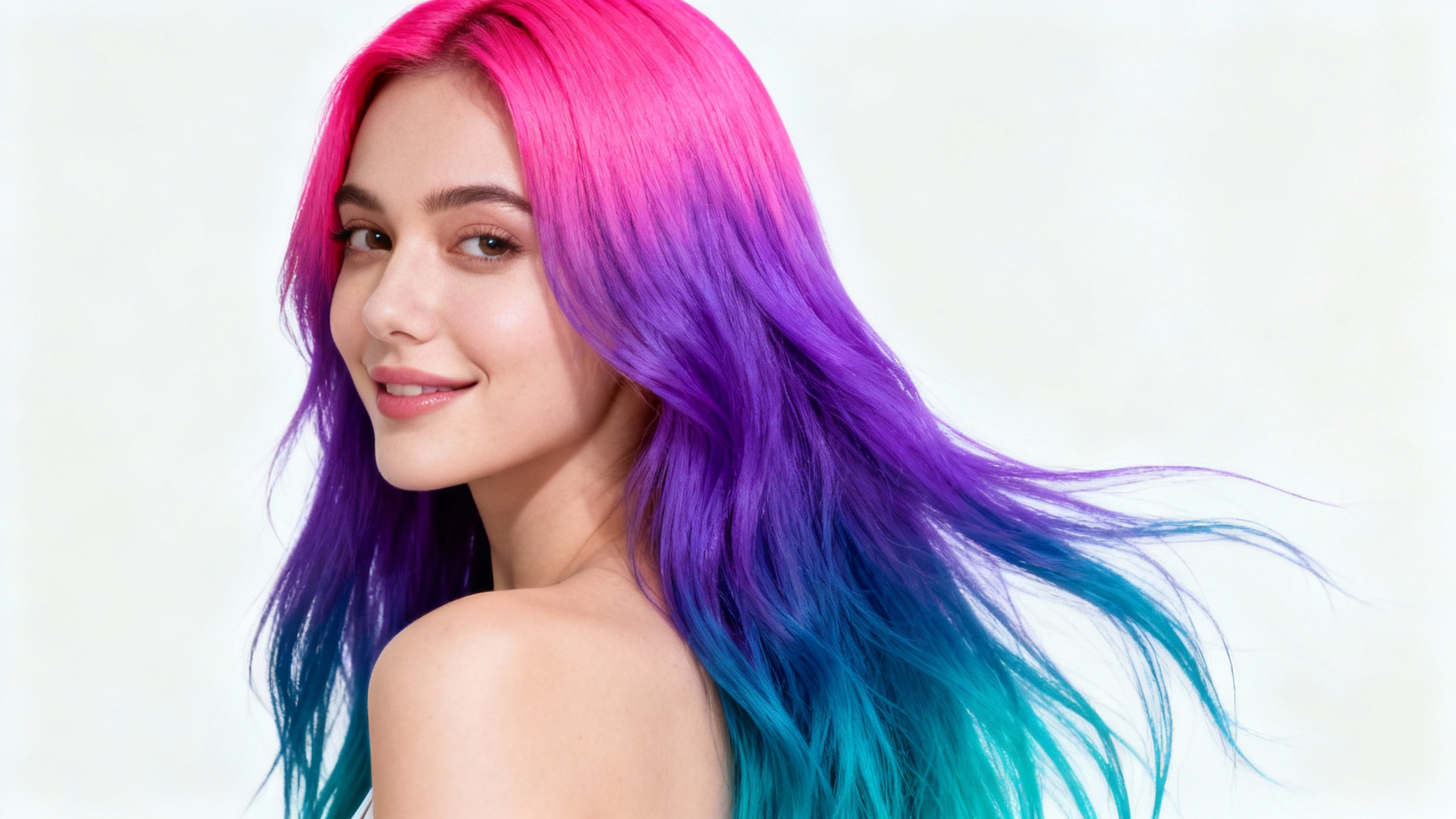 A photorealistic image of a woman with long, flowing hair that has a vibrant color gradient from neon pink to cyan blue, set against a stark white background.