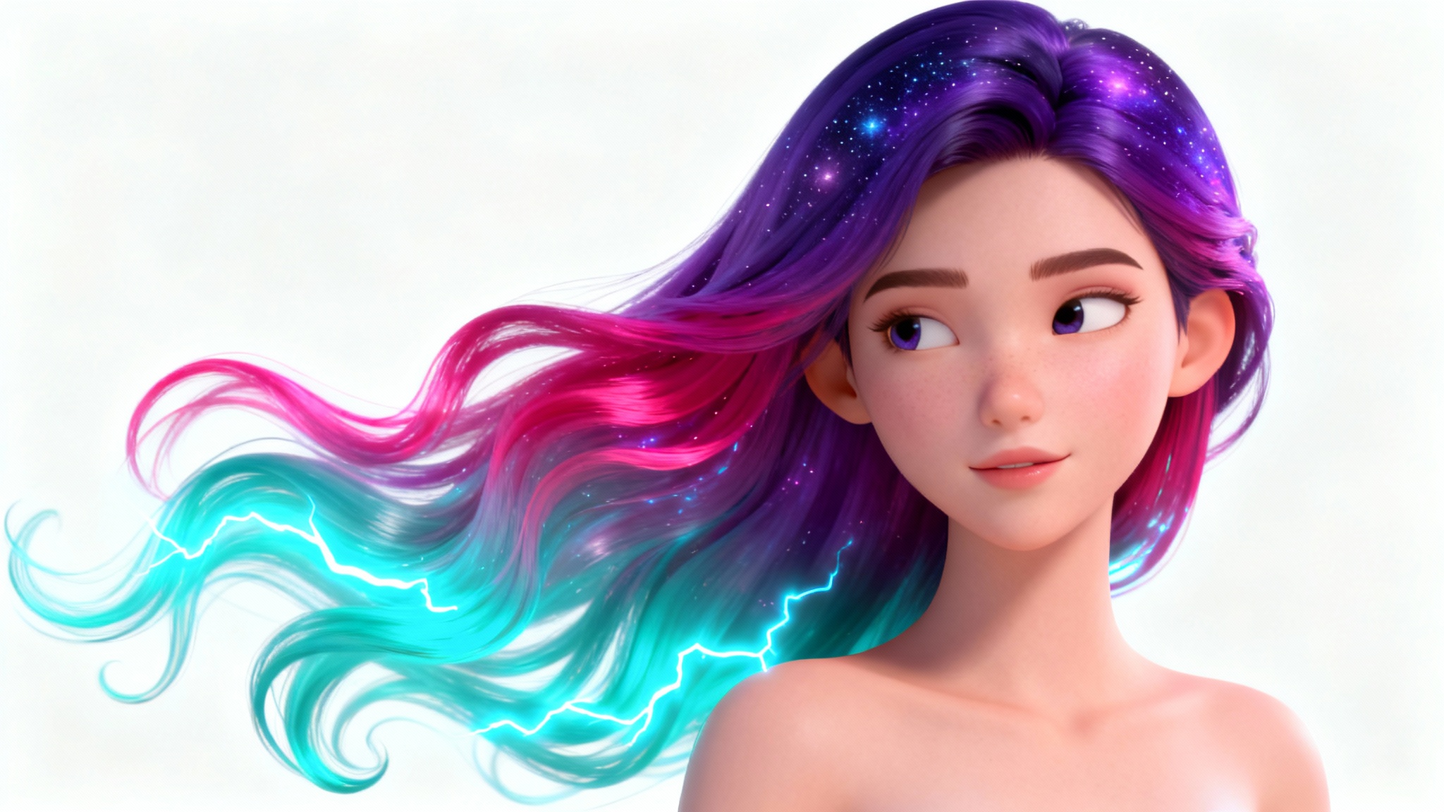 A 3D character portrait against a white background, showcasing long, wavy hair with a vibrant color gradient from cosmic purple and magenta to electric cyan.