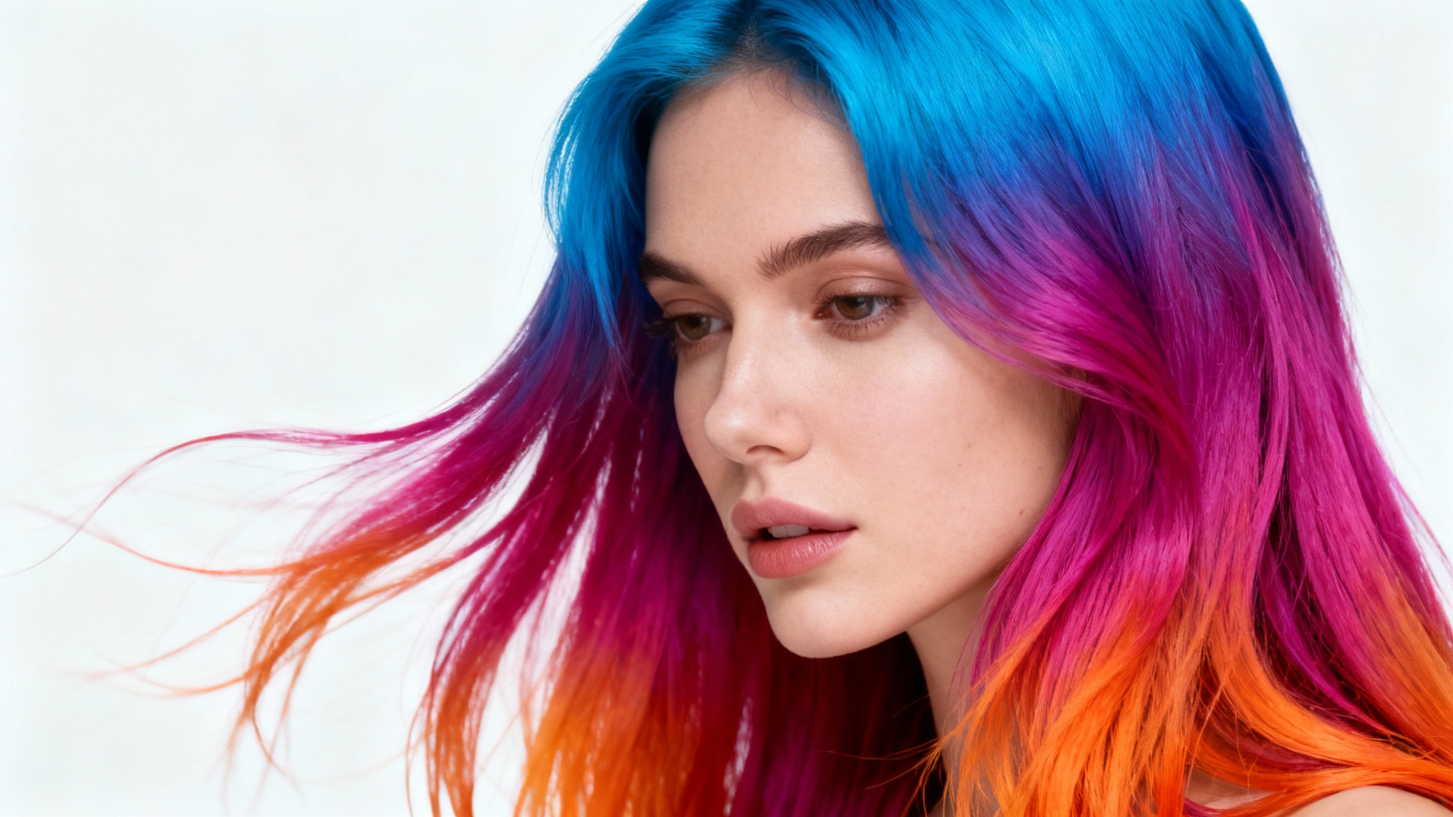 A hyper-realistic portrait of a woman with long, flowing hair that has a vibrant rainbow gradient, set against a clean white background, illustrating a character hair color concept.