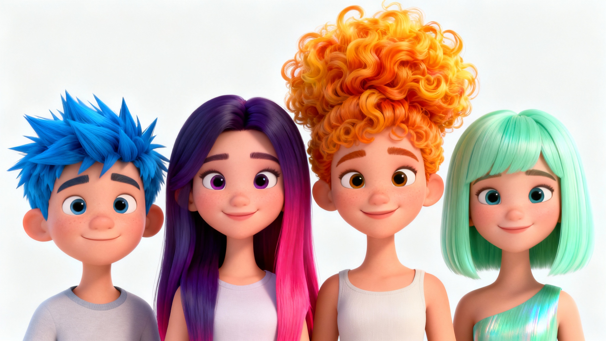 Four stylized 3D characters standing in a row, each with a different, vibrant hair color: electric blue, purple-to-pink gradient, fiery orange, and pastel green, all set against a plain white background.