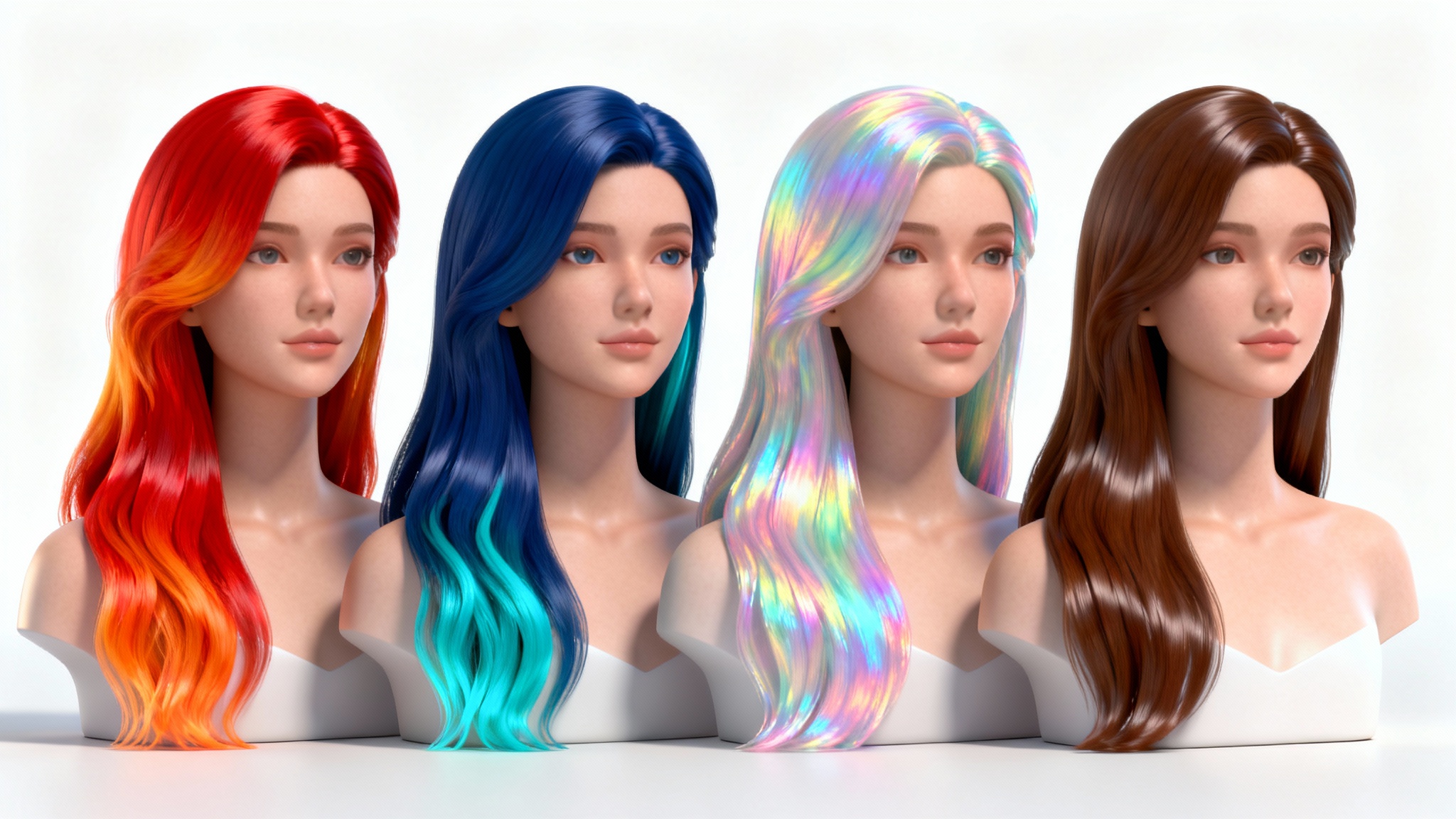 Four busts of the same animated female character are shown in a row, each with a different hair color, fiery red, ocean blue, pastel rainbow, and natural brown against a plain white background.