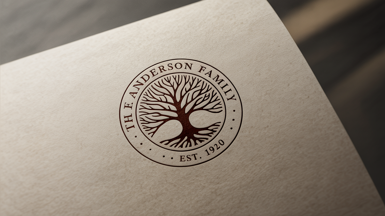 A professionally designed circular family tree logo for 'The Anderson Family', shown printed on high-quality textured paper as a final product example.