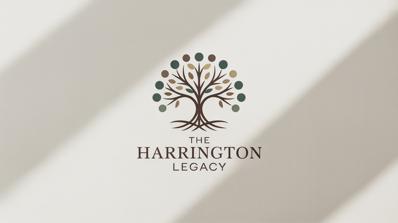 An elegant family tree logo for 'The Harrington Legacy', featuring a stylized tree with intertwined roots and green circular leaves, presented on a clean white background.