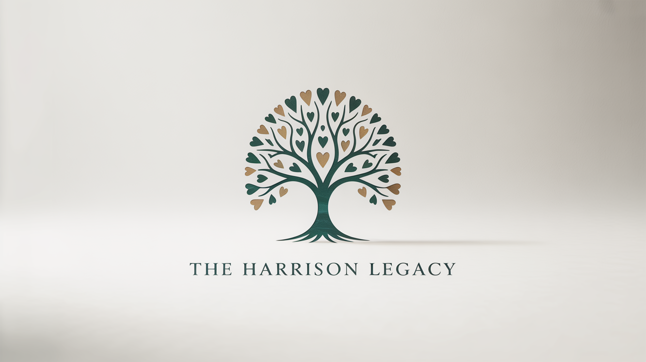 A modern, minimalist logo of a stylized family tree with heart-shaped leaves, with the text 'The Harrison Legacy' below it, all on a clean white background.