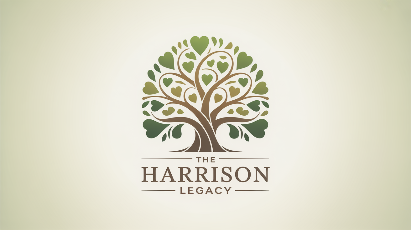A modern family tree logo on a white background, showing a stylized tree with green heart-shaped leaves and the words 'The Harrison Legacy' written underneath.