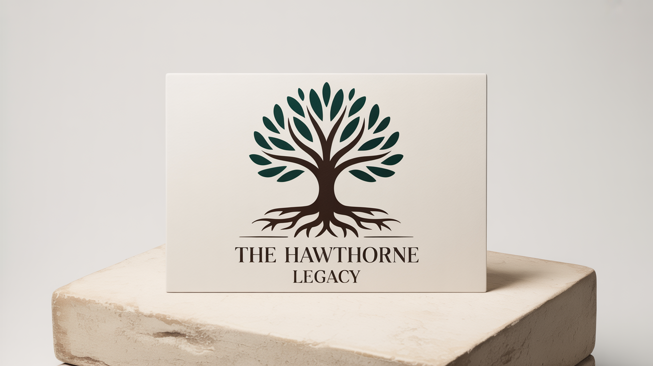 A modern family tree logo mockup on a white background, featuring a stylized tree with visible roots and the text 'The Hawthorne Legacy' written underneath.